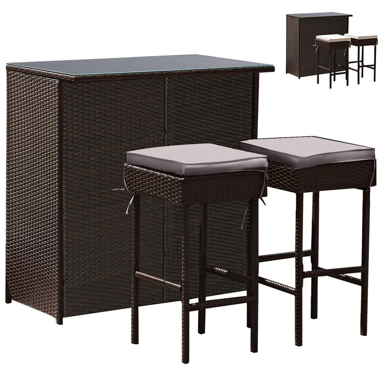 3-Piece Outdoor Rattan Wicker Bar Set with 2 Cushion Stools product image