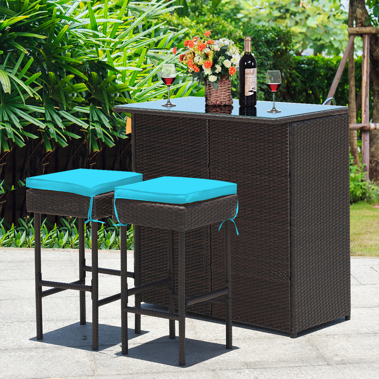 3-Piece Outdoor Rattan Wicker Bar Set with 2 Cushion Stools product image