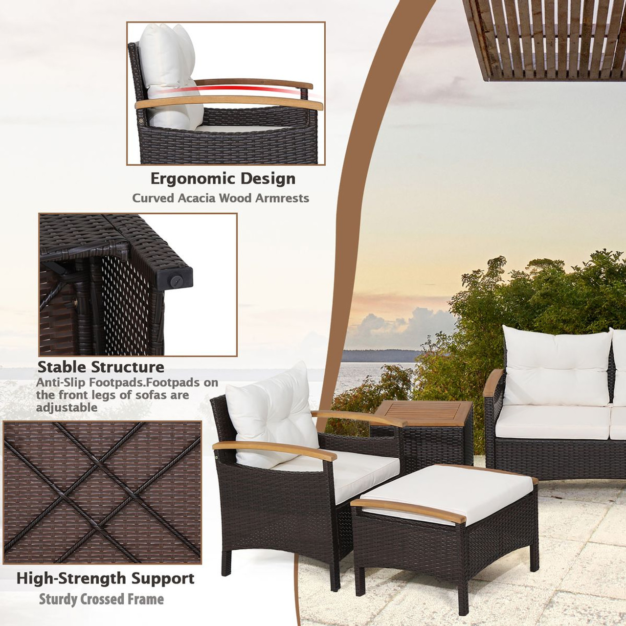 5-Piece Patio Conversation Set with Cushions, Coffee Table, & 2 Ottomans product image