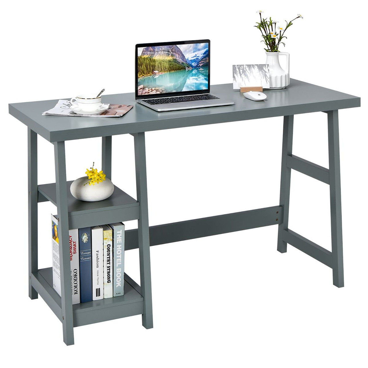 Costway Trestle Computer Desk with Removable Shelves product image