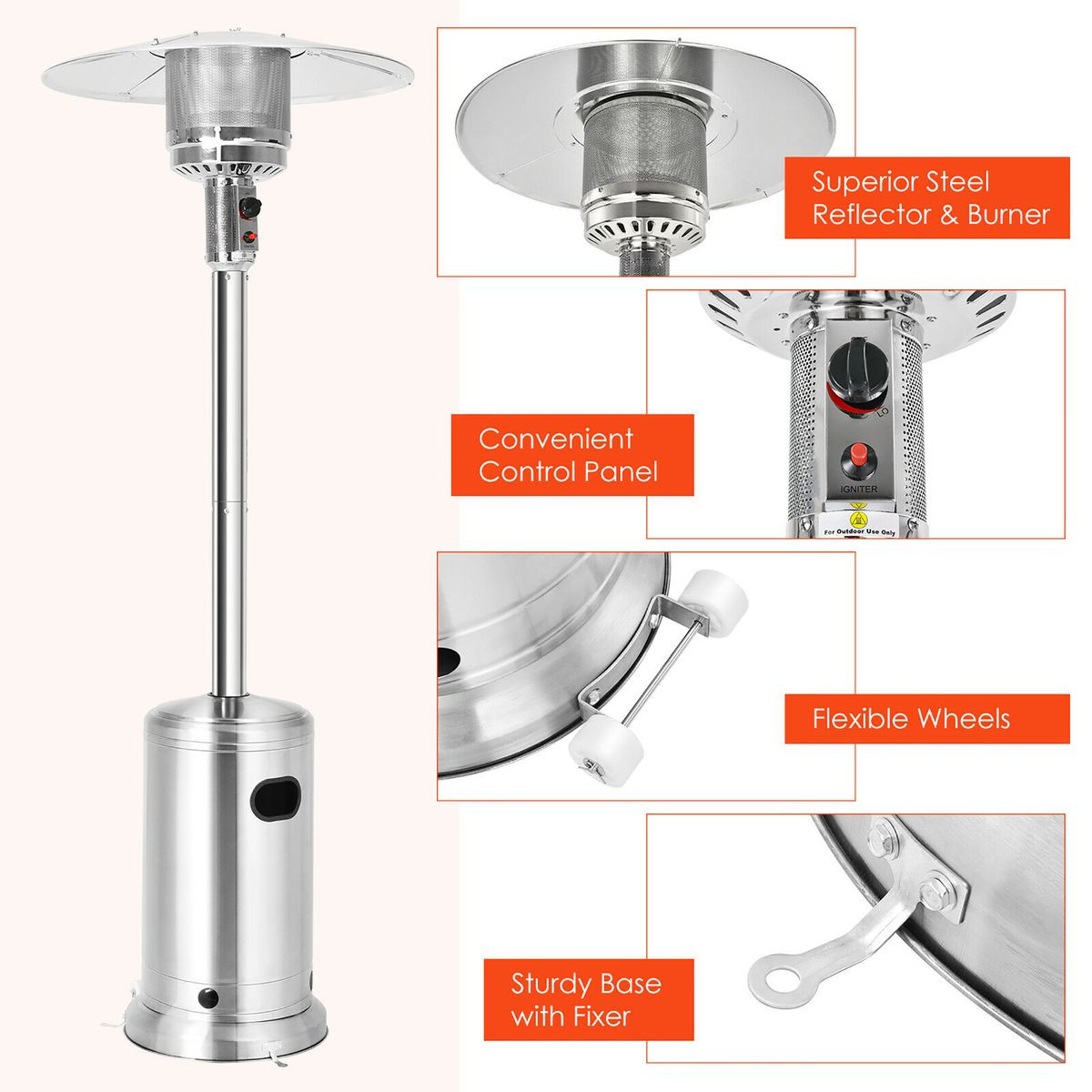 Costway 48000 BTU Stainless Steel Propane Patio Heater - Thumbnail 4