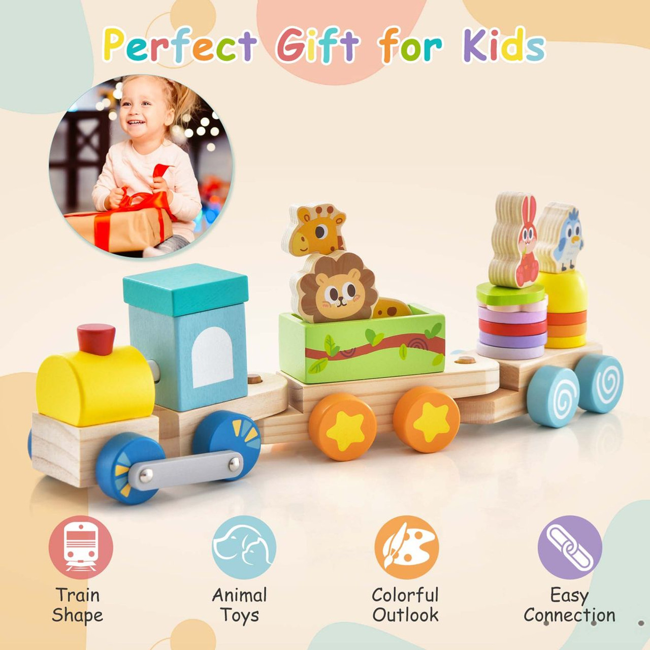 Costway Wooden Stackable Train Set with Animal Toys product image