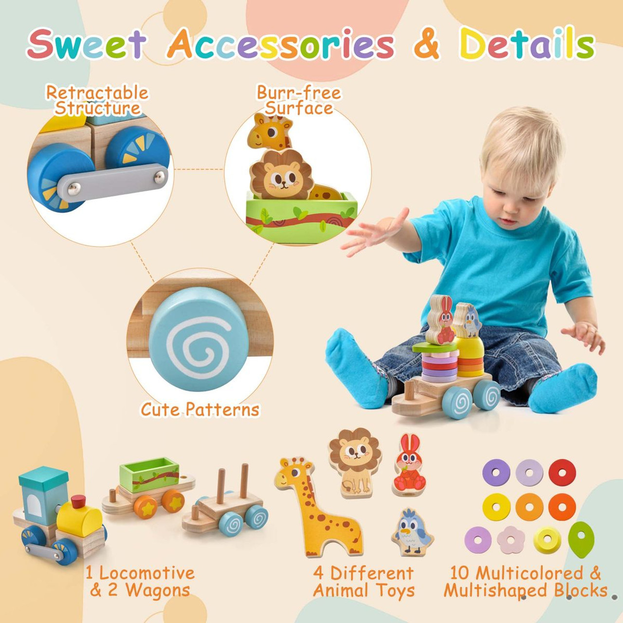 Costway Wooden Stackable Train Set with Animal Toys product image