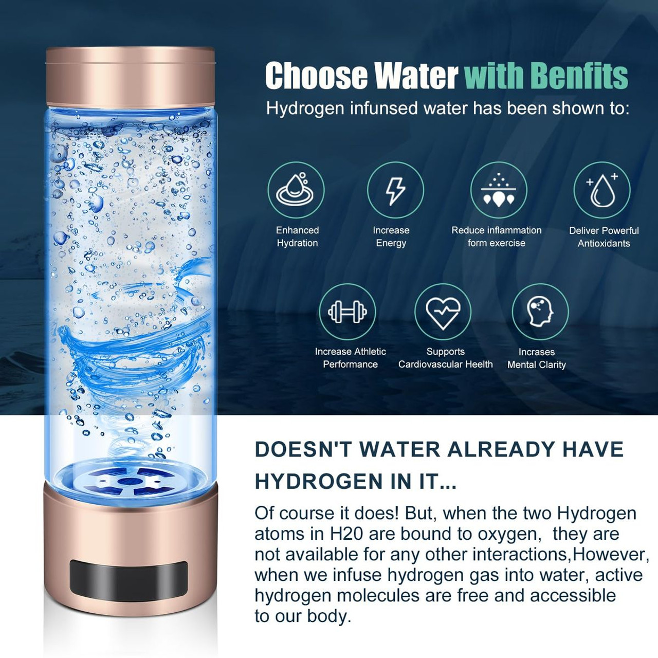 Hydrogen Water Bottle,Rechargeable Portable Hydrogen Water Ionizer Machine,PEM SPE Technology,LED Display,Generates Real 2000ppb Hydrogen Water Bottle Generator product image