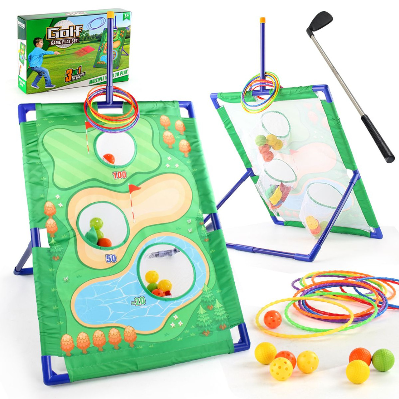 3 in 1 Golf Throwing Game Set for Kids -Golf Game,12 Golf Ball,12 ferrules,6 sandbags,Golf Clubs, Indoor Outdoor Birthday Gifts for Girls Boys product image