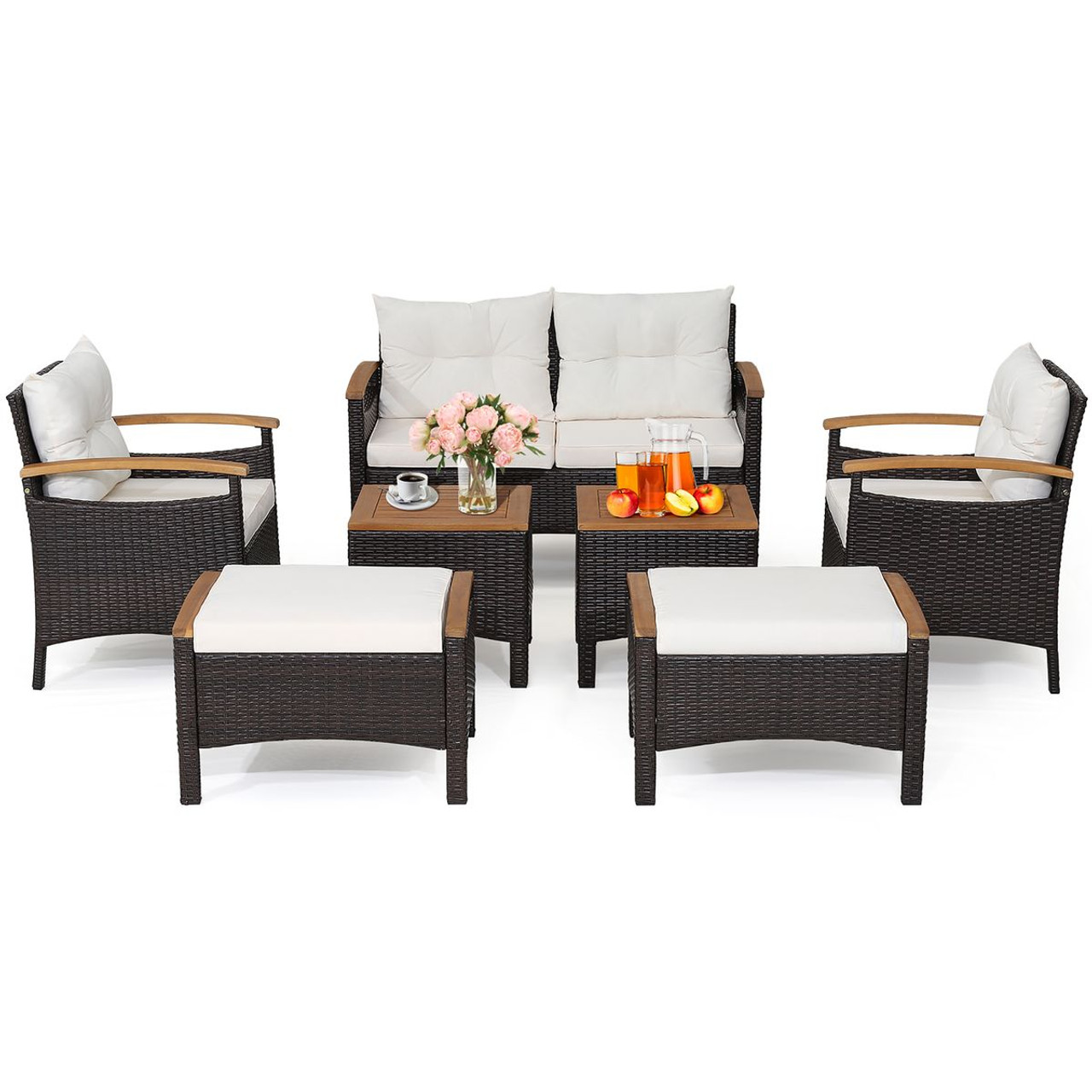 7-Piece Rattan Patio Sofa Set with Acacia Wood Tabletop & Armrests product image