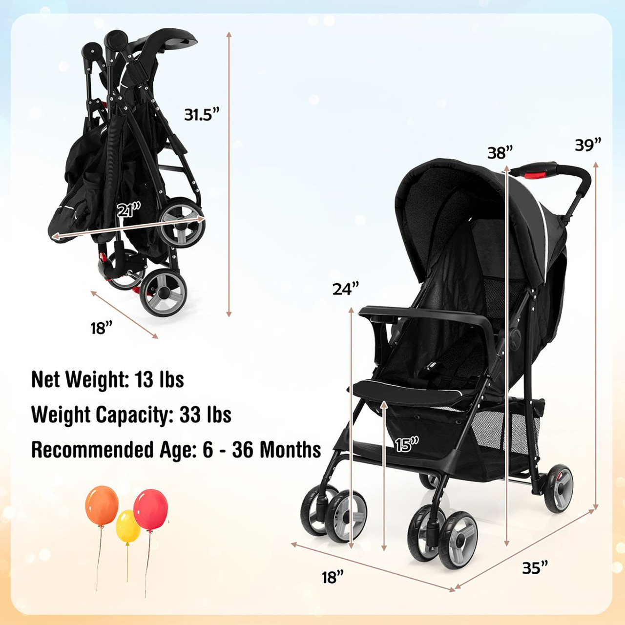 Travel Stroller for Airplane with Adjustable Backrest & Canopy product image