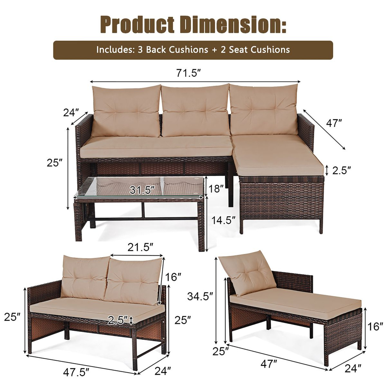 Costway Wicker Rattan Patio Sofa Set (3-Piece) product image