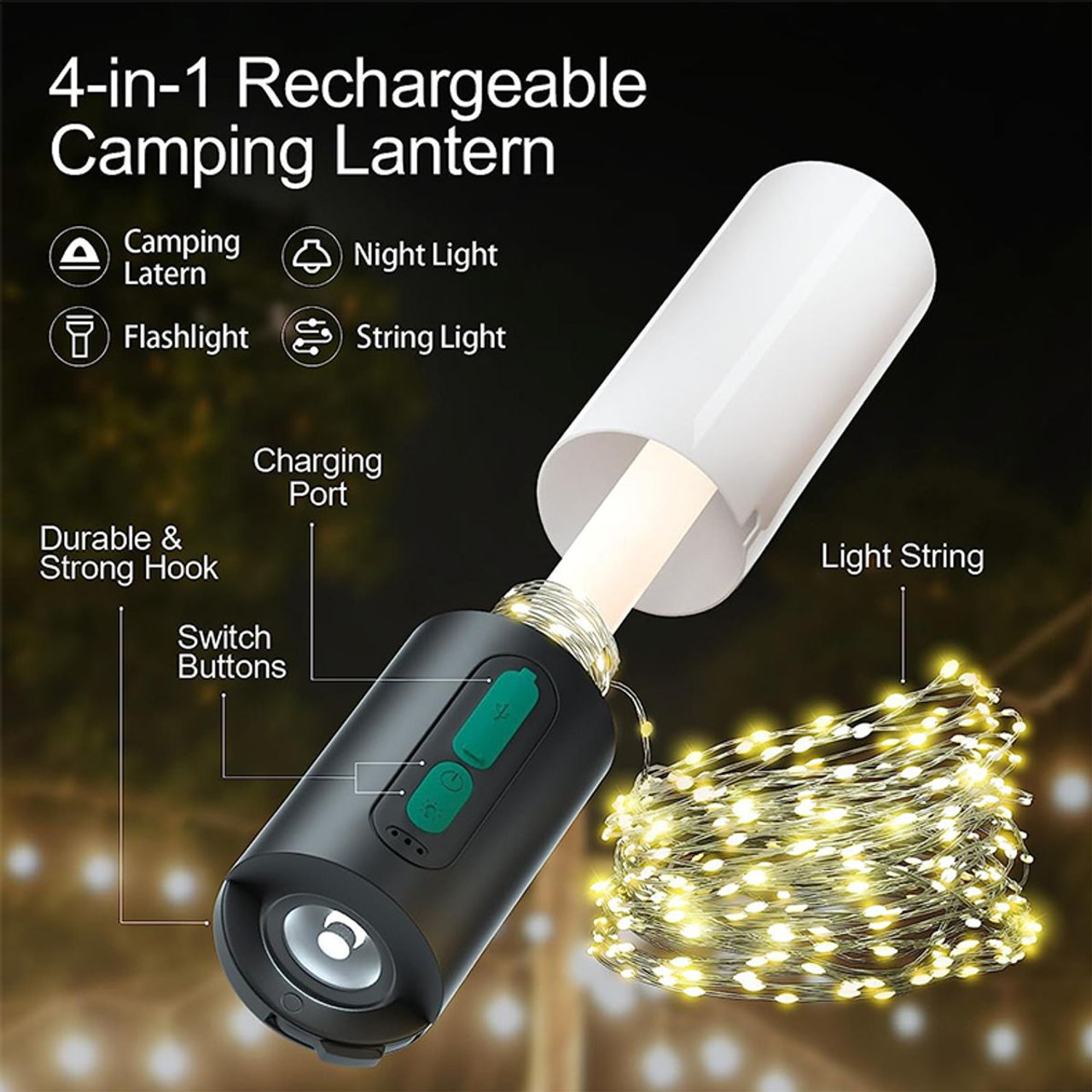 4-in-1 Rechargeable Camping Lantern Waterproof  with LED String Light Torch 4000mAh, Dimmable for Tents Garden Bedroom Emergency Hiking product image