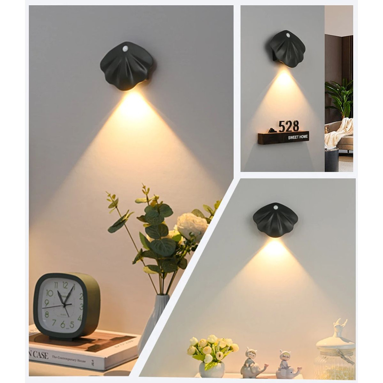 Motion Sensor LED Wall Lamp,USB Type-C Night Lighting Wireless For Living Room,Home Staircase Shell Decoration Color Black product image