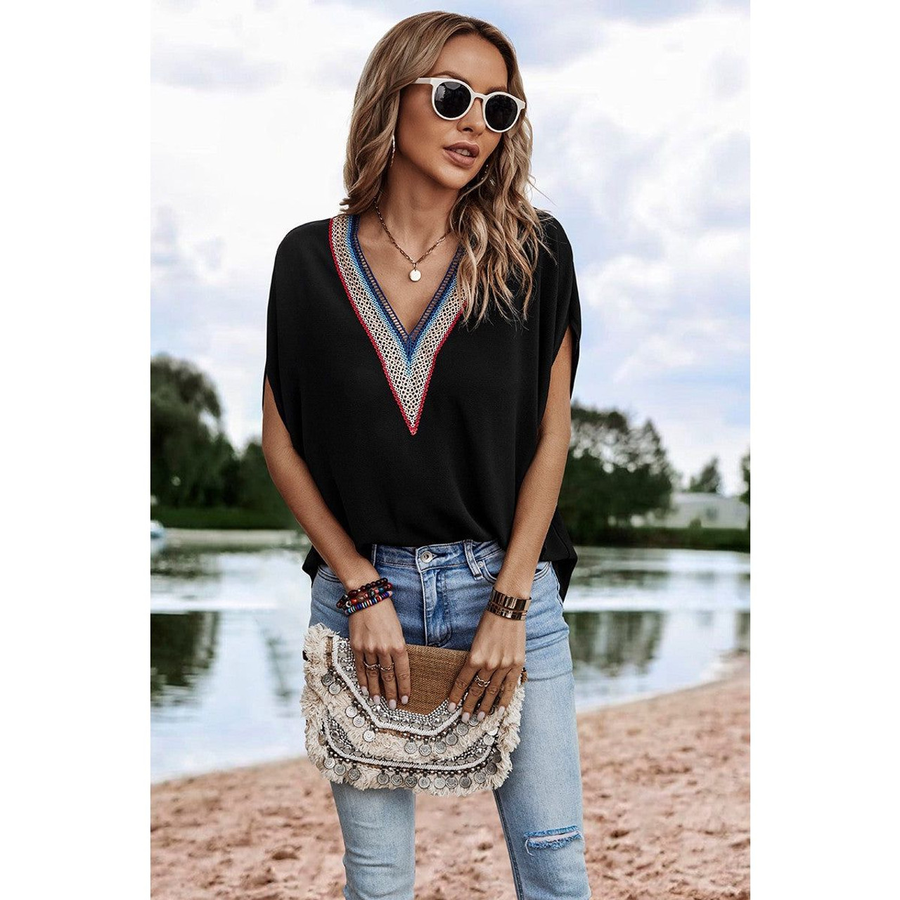 V-Short Dolman Sleeves Boho Top product image