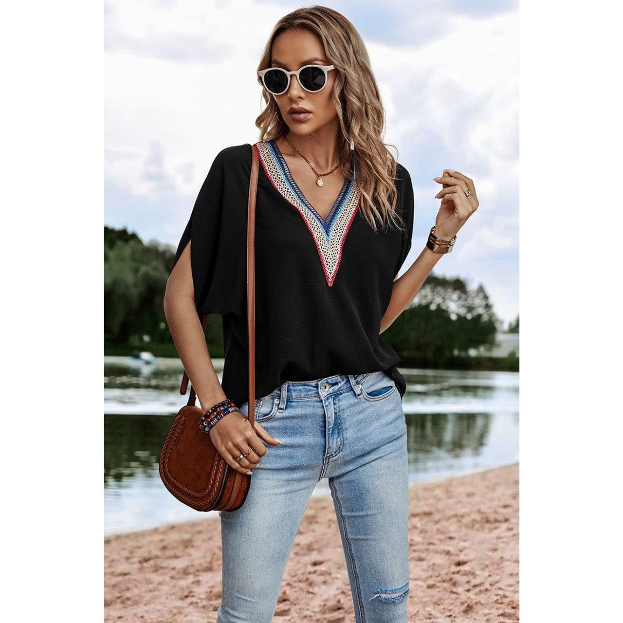 V-Short Dolman Sleeves Boho Top product image