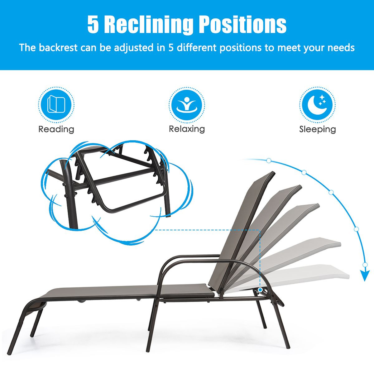 Outdoor Patio Lounge Chair Chaise Fabric with Adjustable Recliner product image