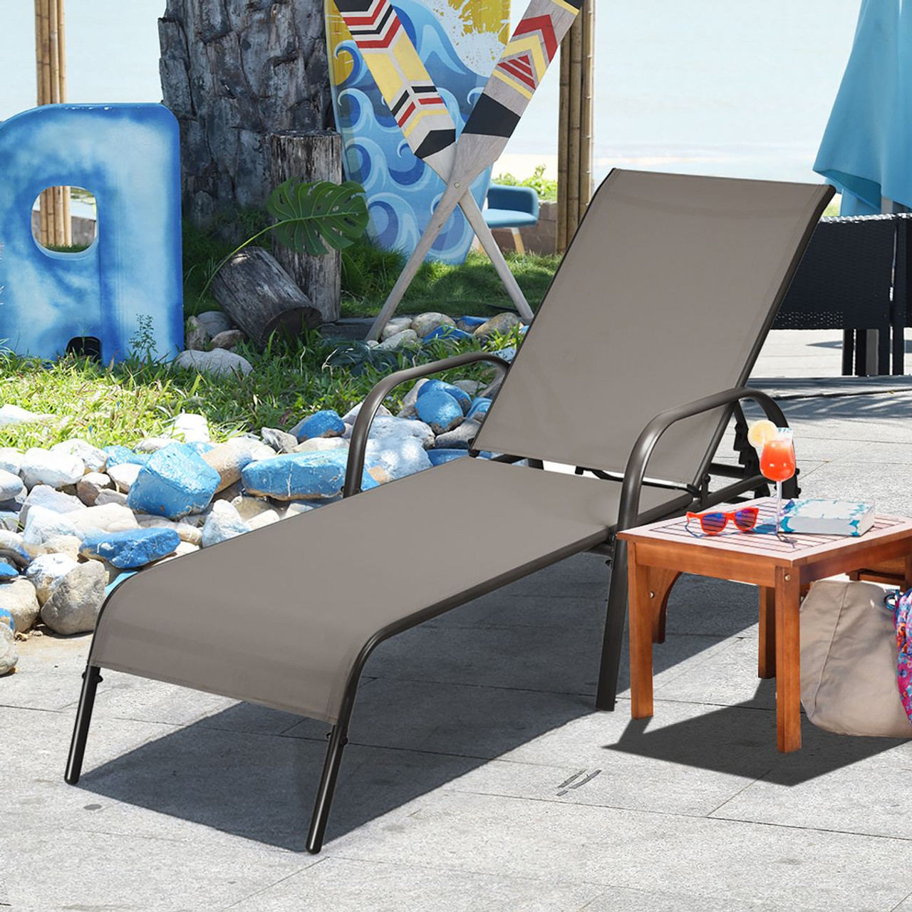 Outdoor Patio Lounge Chair Chaise Fabric with Adjustable Recliner product image