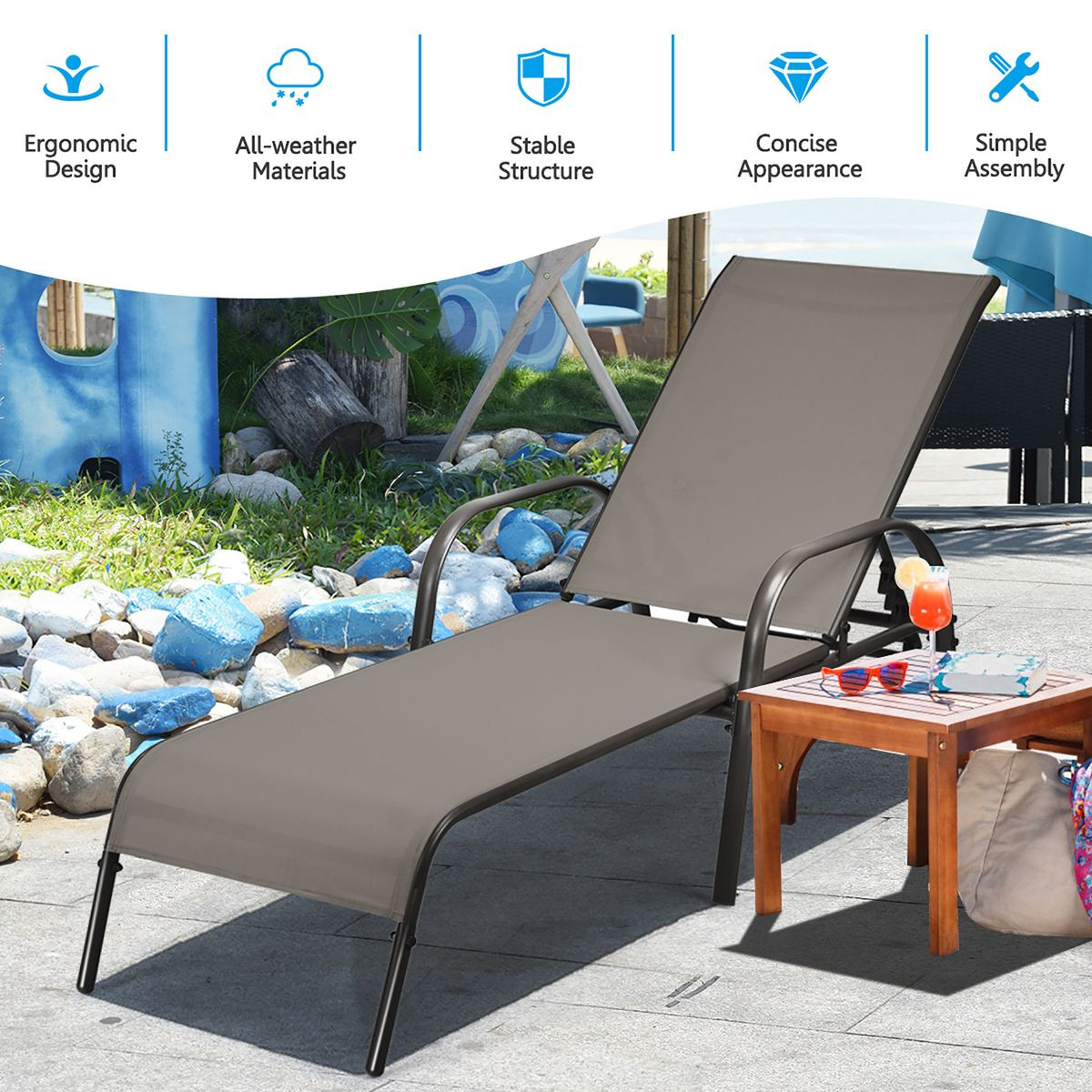 Outdoor Patio Lounge Chair Chaise Fabric with Adjustable Recliner product image