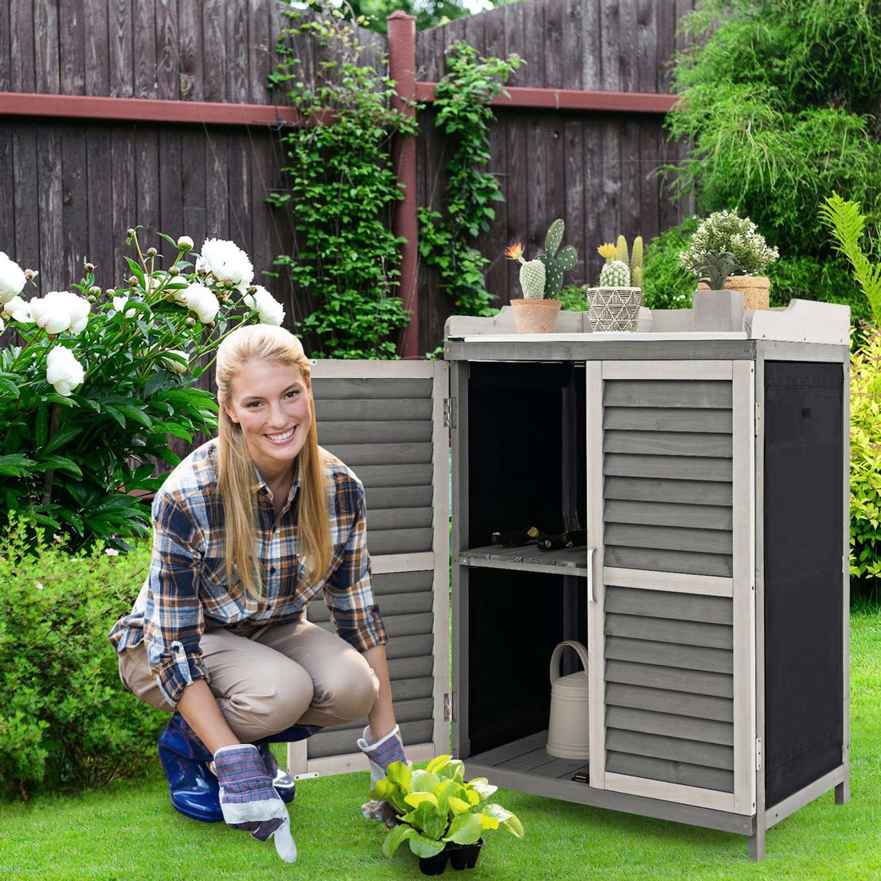 Garden Potting Bench Table with 2 Storage Shelves & Metal Tabletop product image