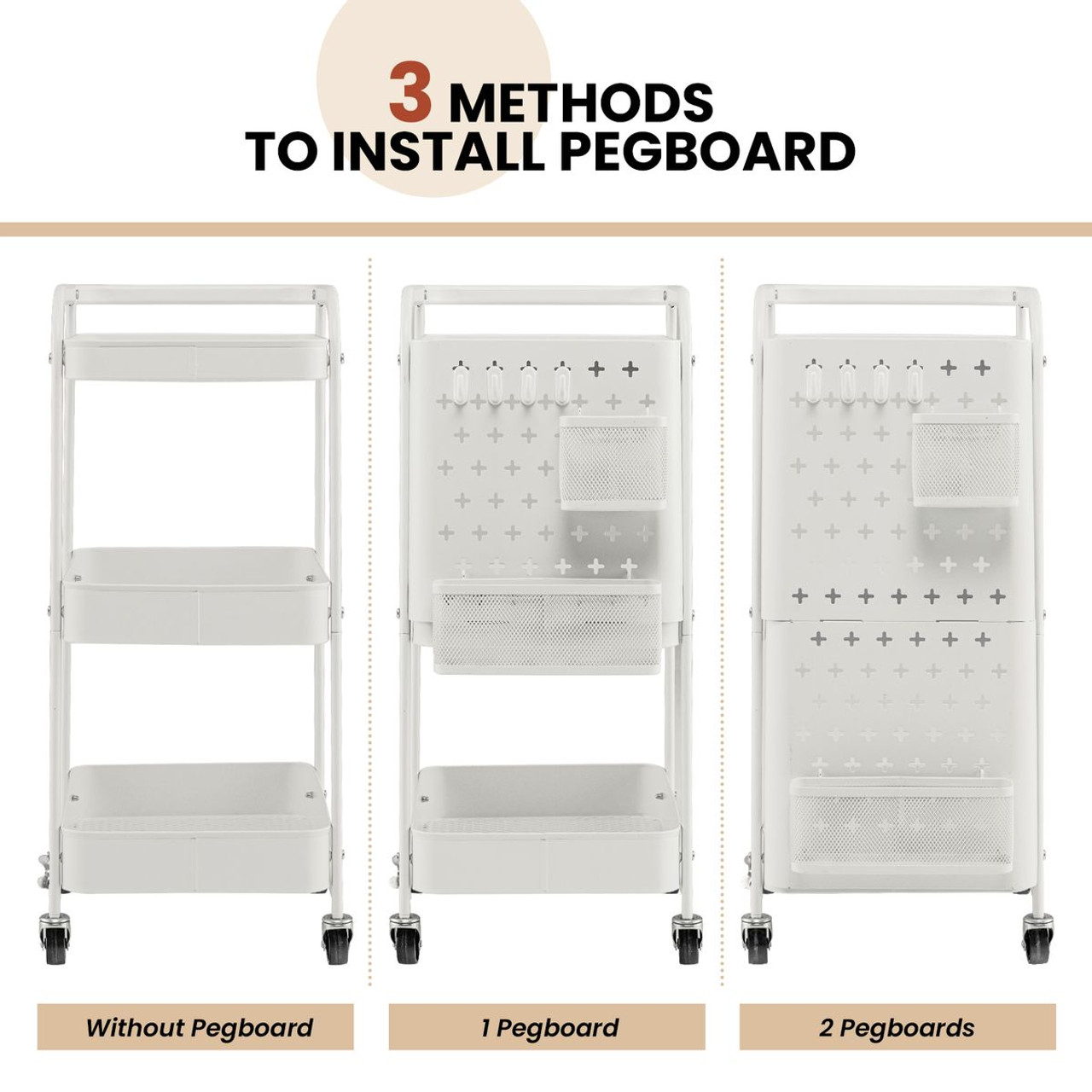 3-Tier Rolling Storage Trolley with Dual Pegboards product image