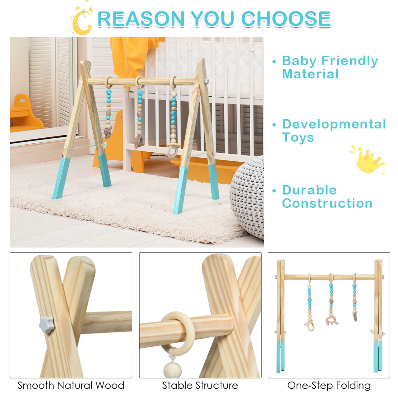 Foldable Wooden Baby Gym with 3 Wooden Baby Teething Toys product image