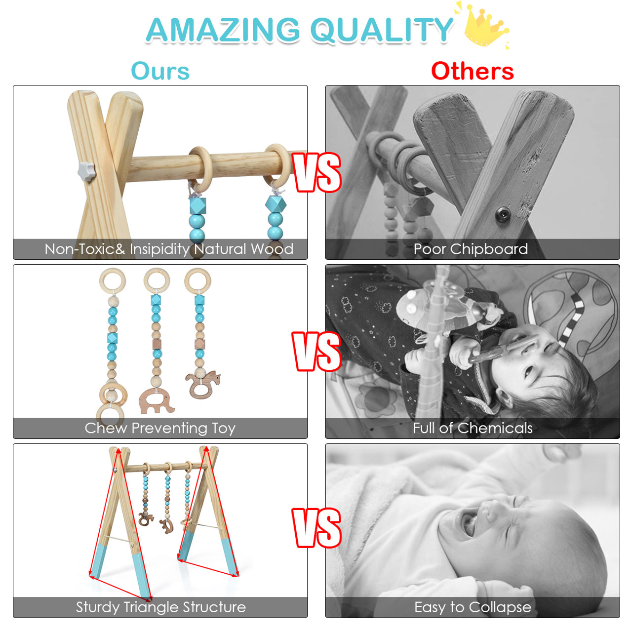 Foldable Wooden Baby Gym with 3 Wooden Baby Teething Toys product image