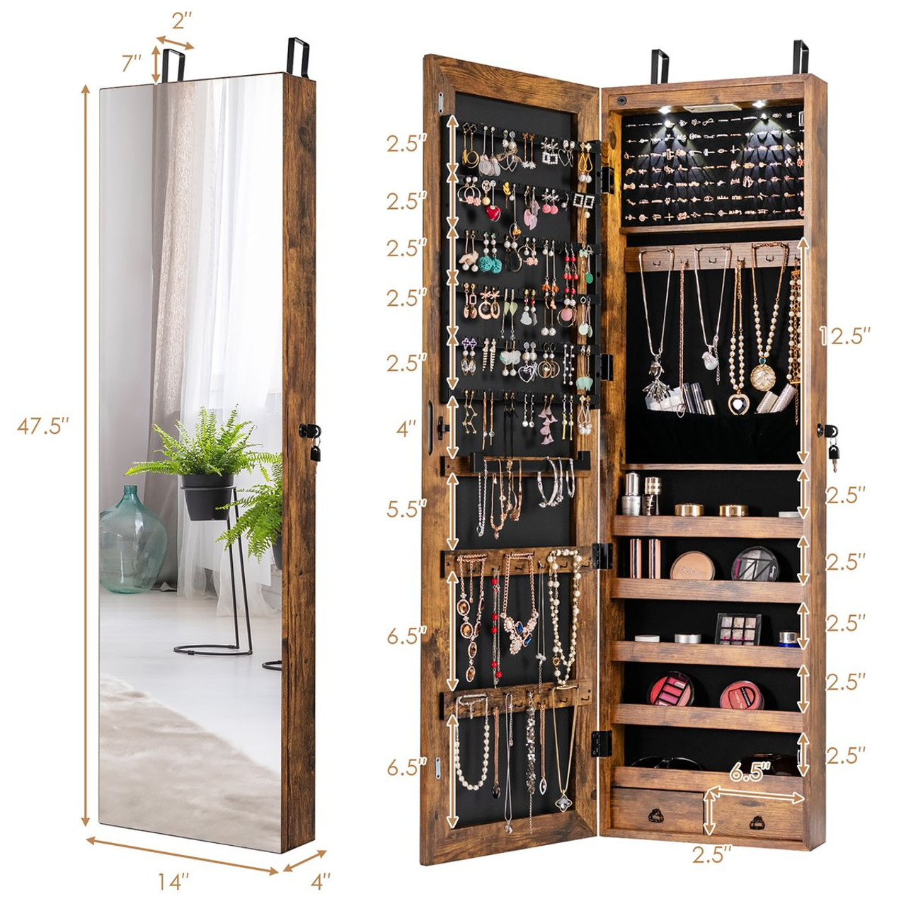 Rustic Mirrored Jewelry Cabinet with LED Lights product image Rustic Mirrored Jewelry Cabinet with LED Lights product image