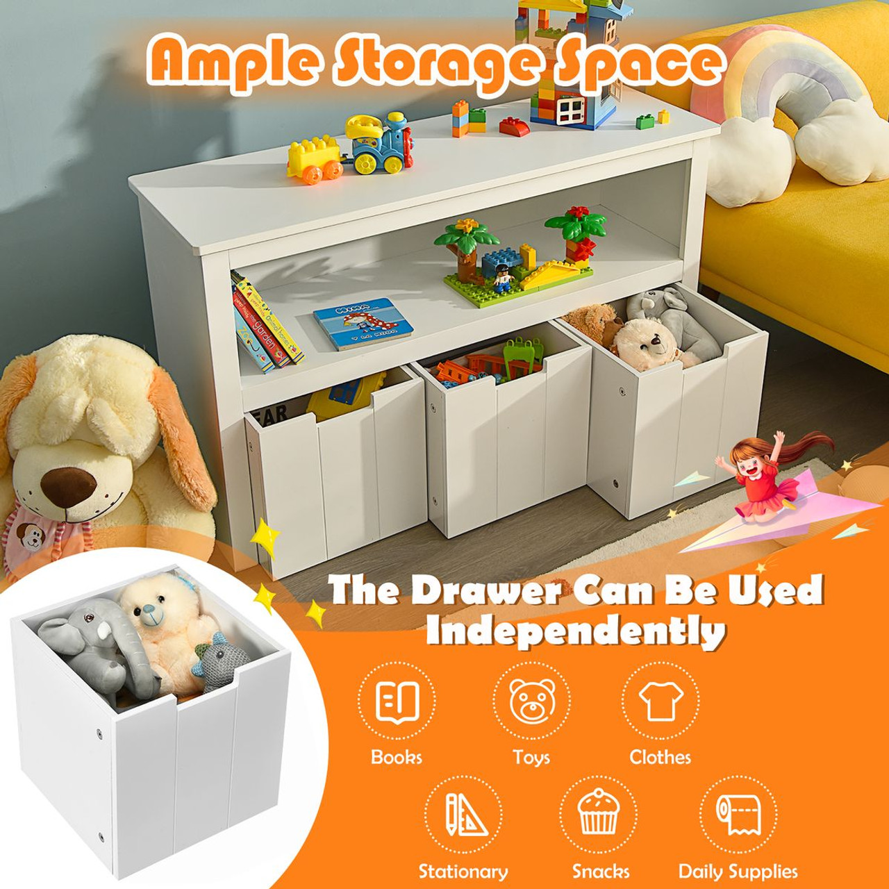 Kids' Toy Storage Cabinet 3-Drawer Chest with Wheels product image