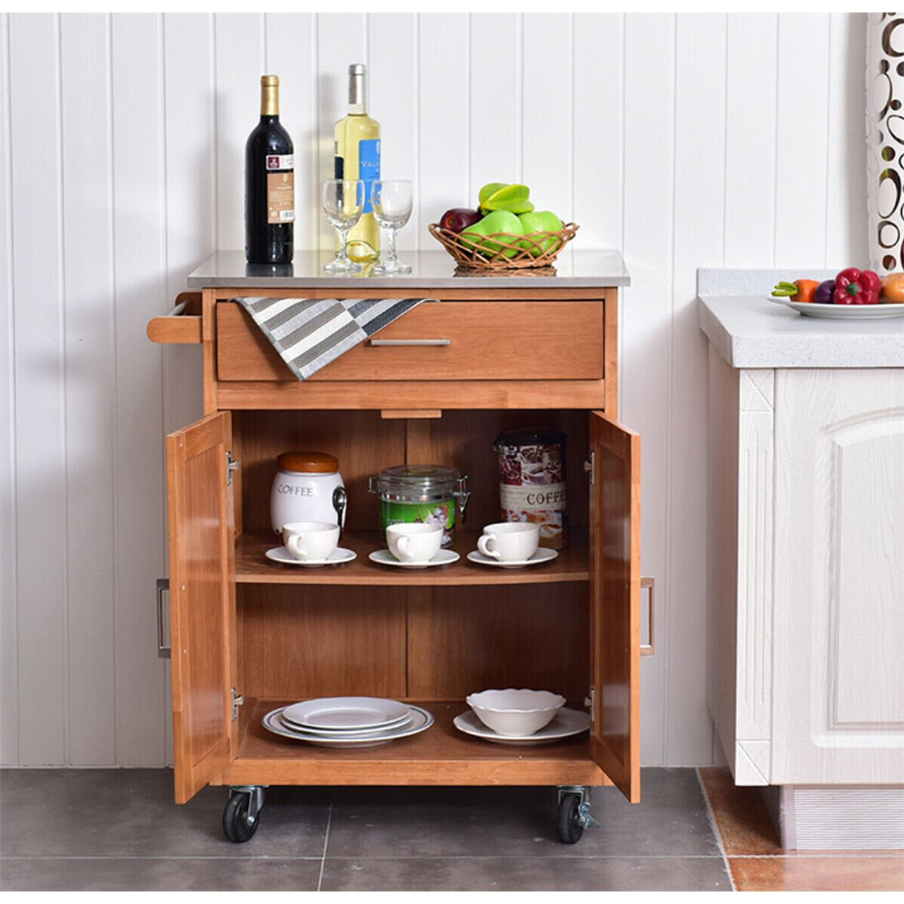 Wooden Kitchen Rolling Storage Cabinet with Stainless Steel Top product image