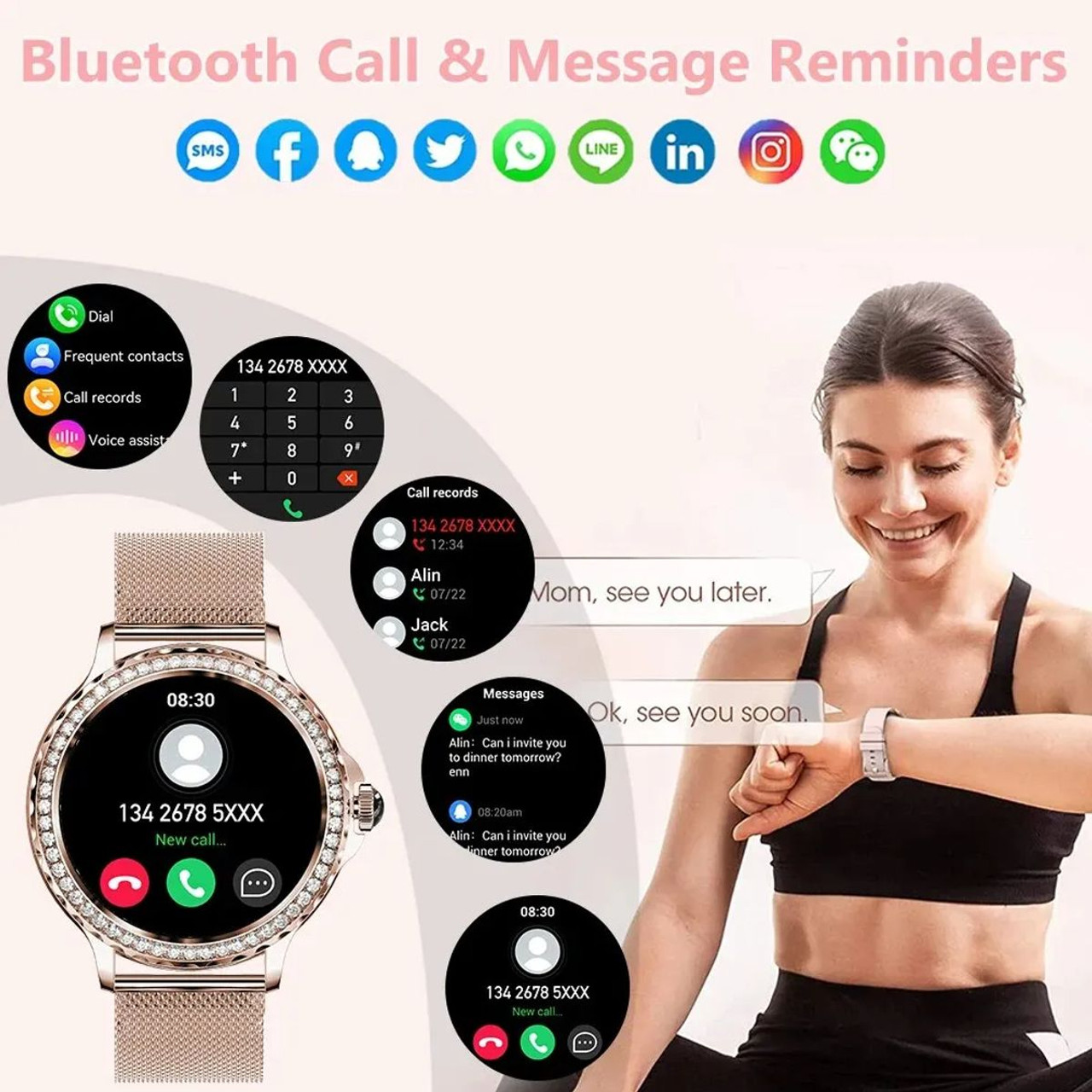 Smart Watch For Lady Women Bluetooth Call 100+Sports Mode Fitness Women DIY Dials With Body/Sleep Monitor For IOS Android Color Silver product image