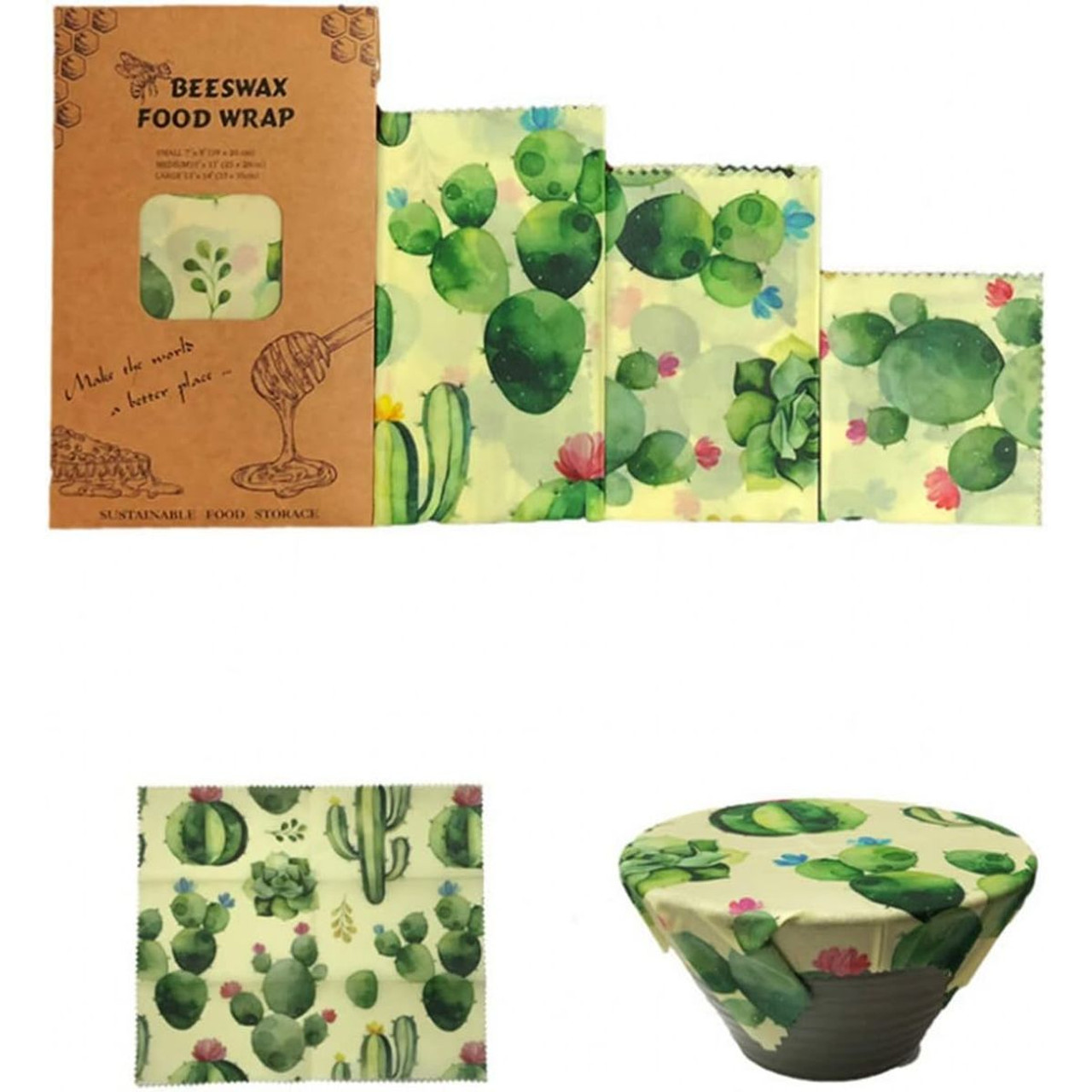 Cactus Pattern - Reusable Beeswax Food Wraps, Eco Friendly Beeswax Food Wrap, Sustainable Food Storage Containers,3 Pack (S, M, L) product image