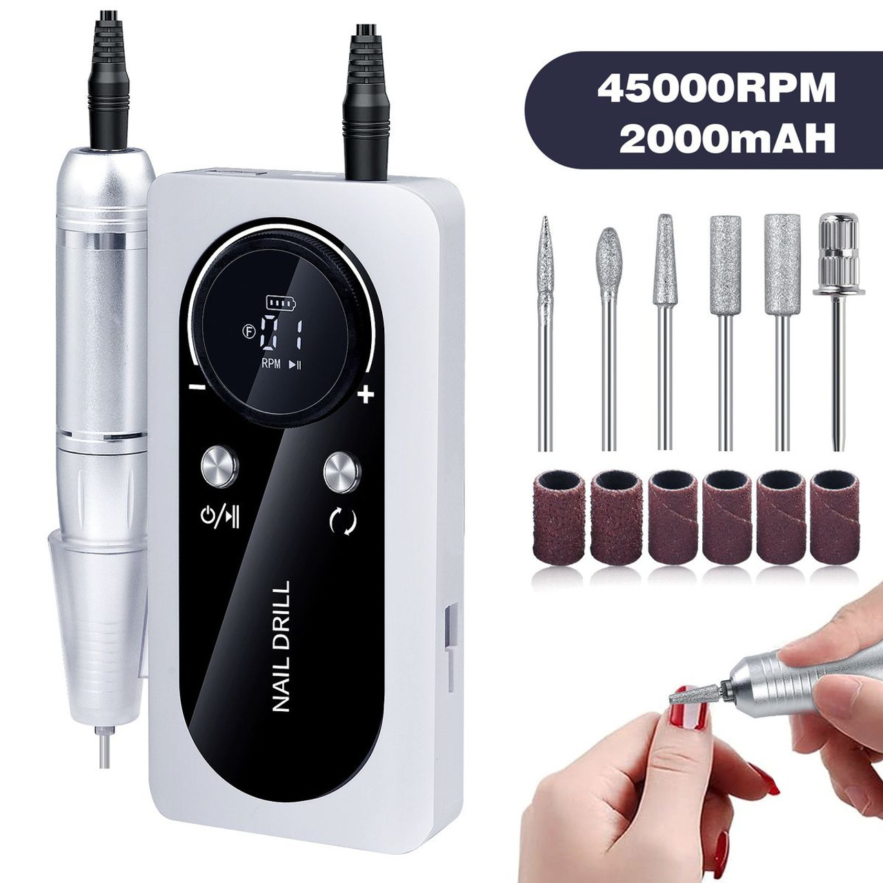 45000RPM Nail Drill Machine Electric Portable Nail File Rechargeable Nail Sander for Gel Nails Polishing for Home Manicure Salon,Colorful White product image