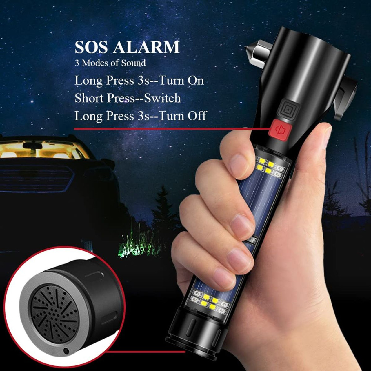 Car Safety Hammer Flashlight  LED High Lumens Rechargeable Solar Powered Escape Kit, Window Glass Breaker and Seatbelt Cutter(Black) product image
