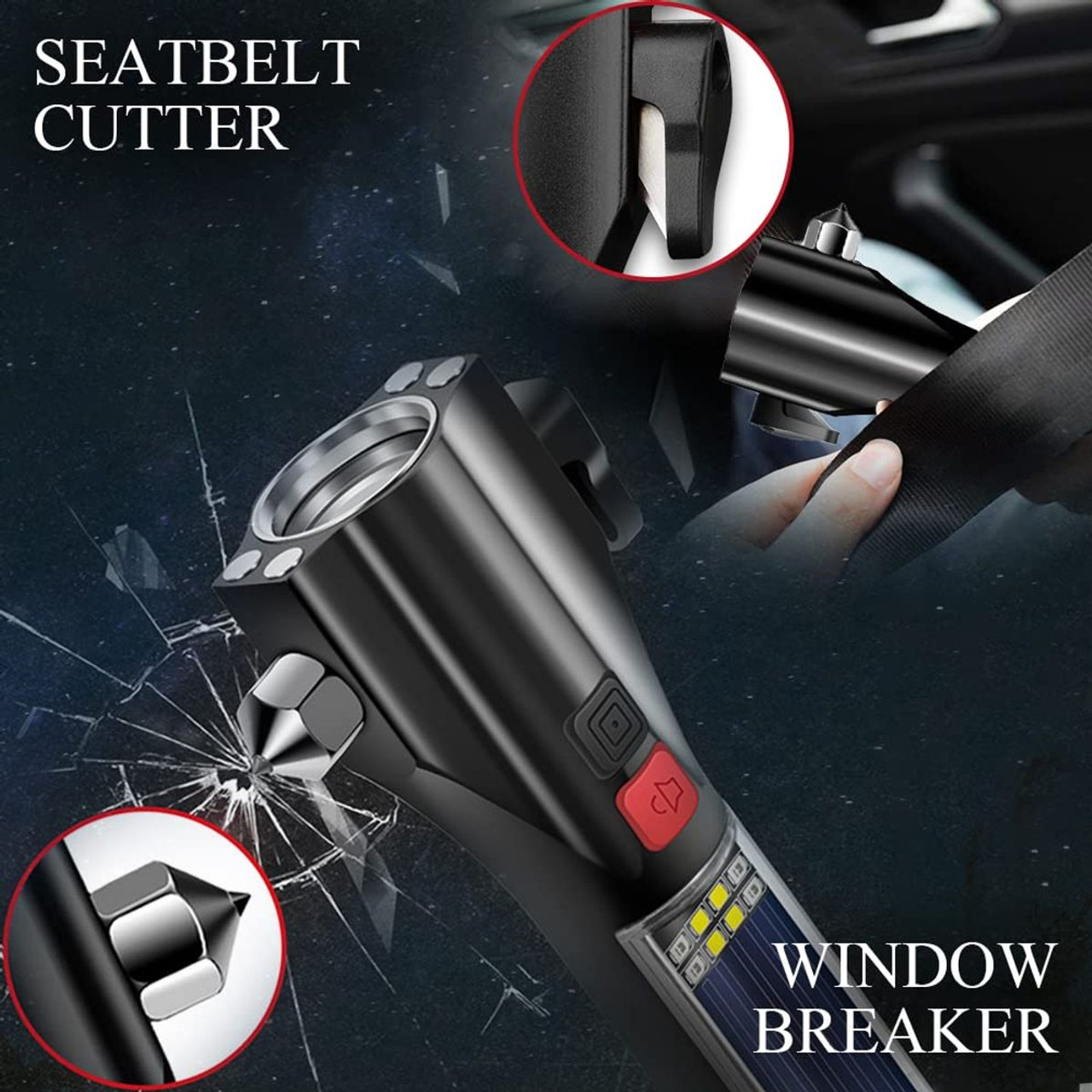 Car Safety Hammer Flashlight  LED High Lumens Rechargeable Solar Powered Escape Kit, Window Glass Breaker and Seatbelt Cutter(Black) product image