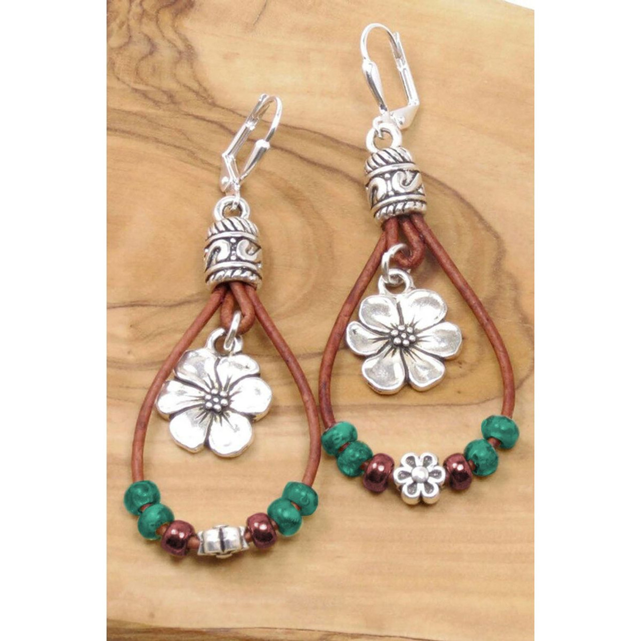 Silvery Western Leather Beaded Floral Dangle Earrings product image