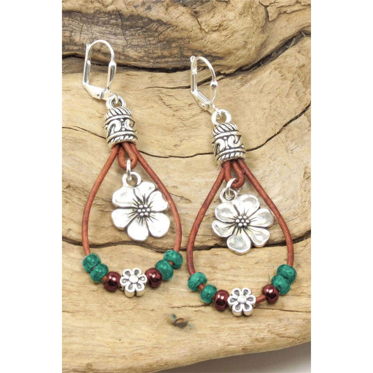 Silvery Western Leather Beaded Floral Dangle Earrings product image