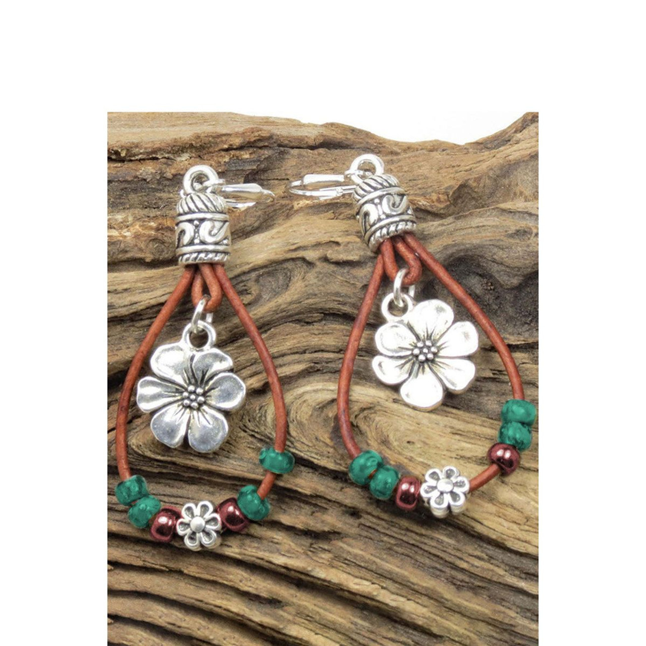 Silvery Western Leather Beaded Floral Dangle Earrings product image