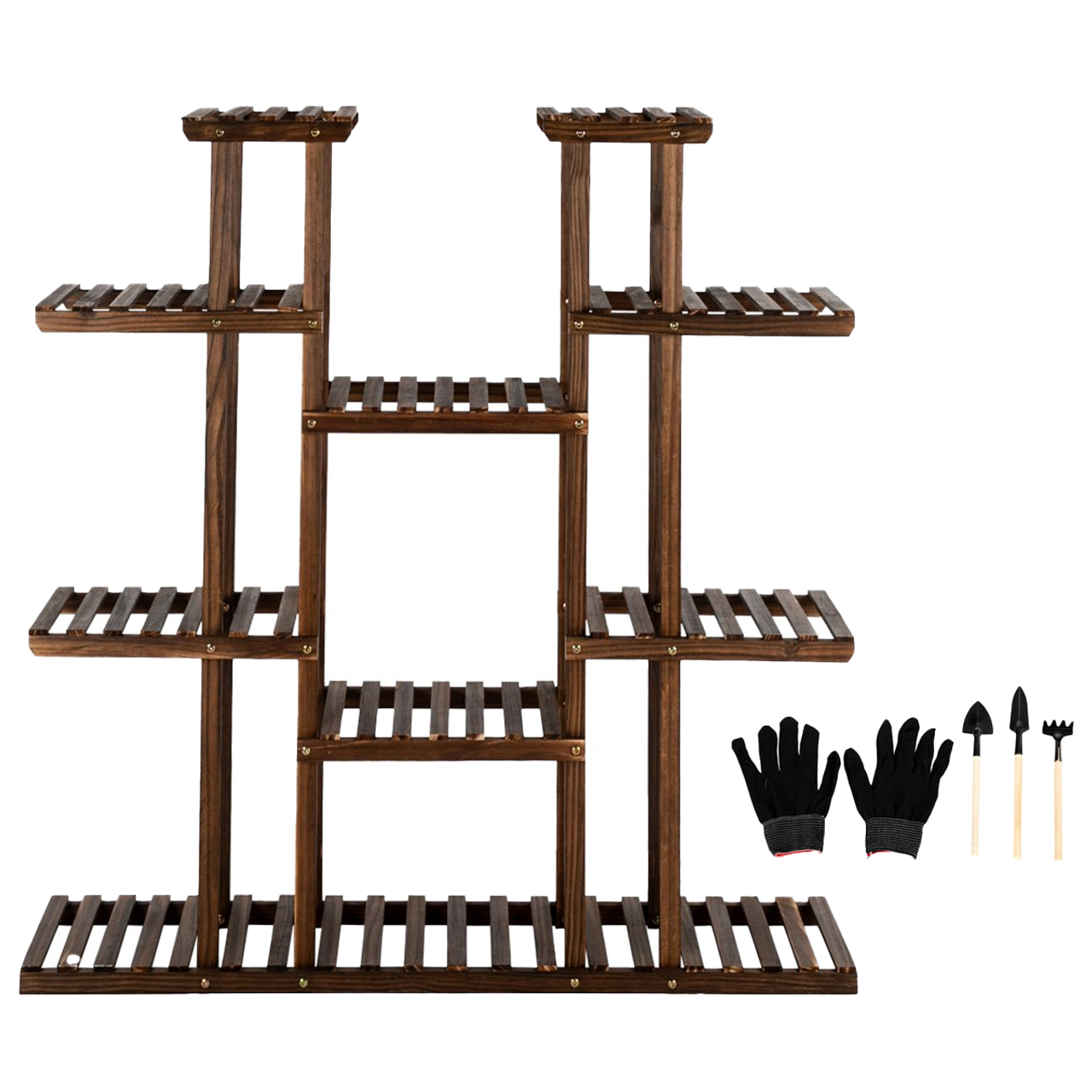 11-Seat Multifunctional Carbonized Wood Plant Stand with Gardening Tools product image