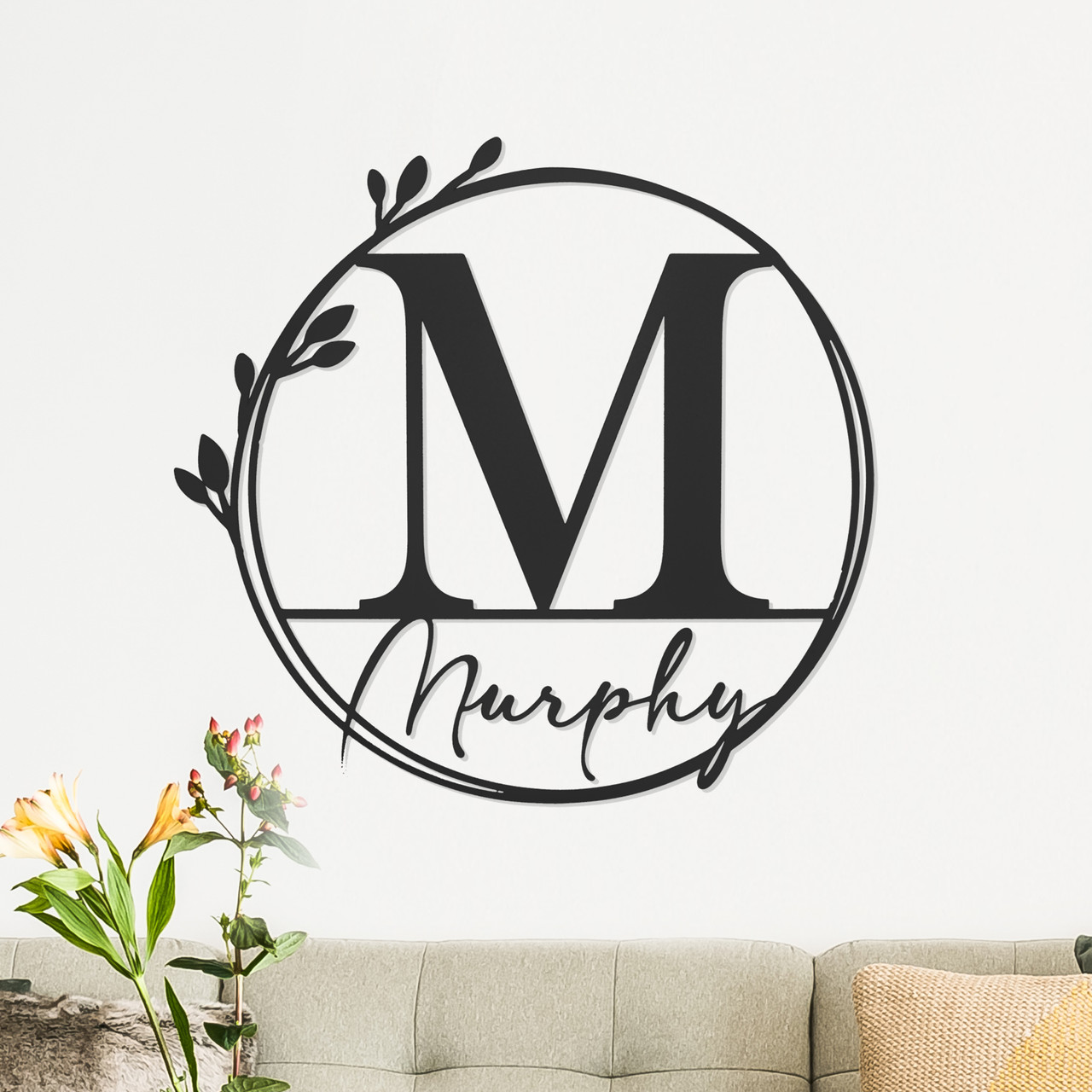 Personalized Metal Floral Leaves Outdoor Monogram Wreath product image