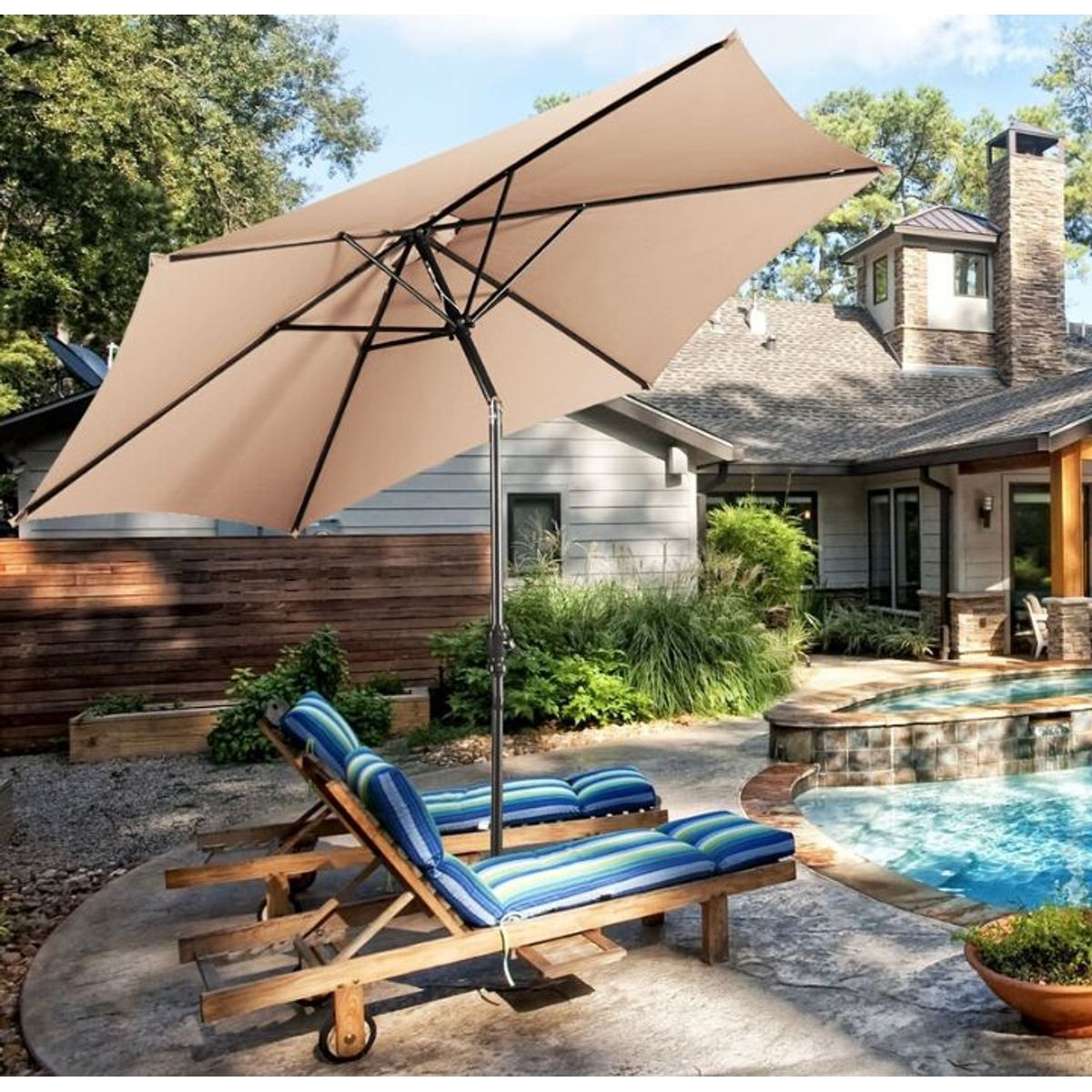 Beige 9-ft or 10-ft 6-Rib Outdoor Tilt Umbrella with Crank product image