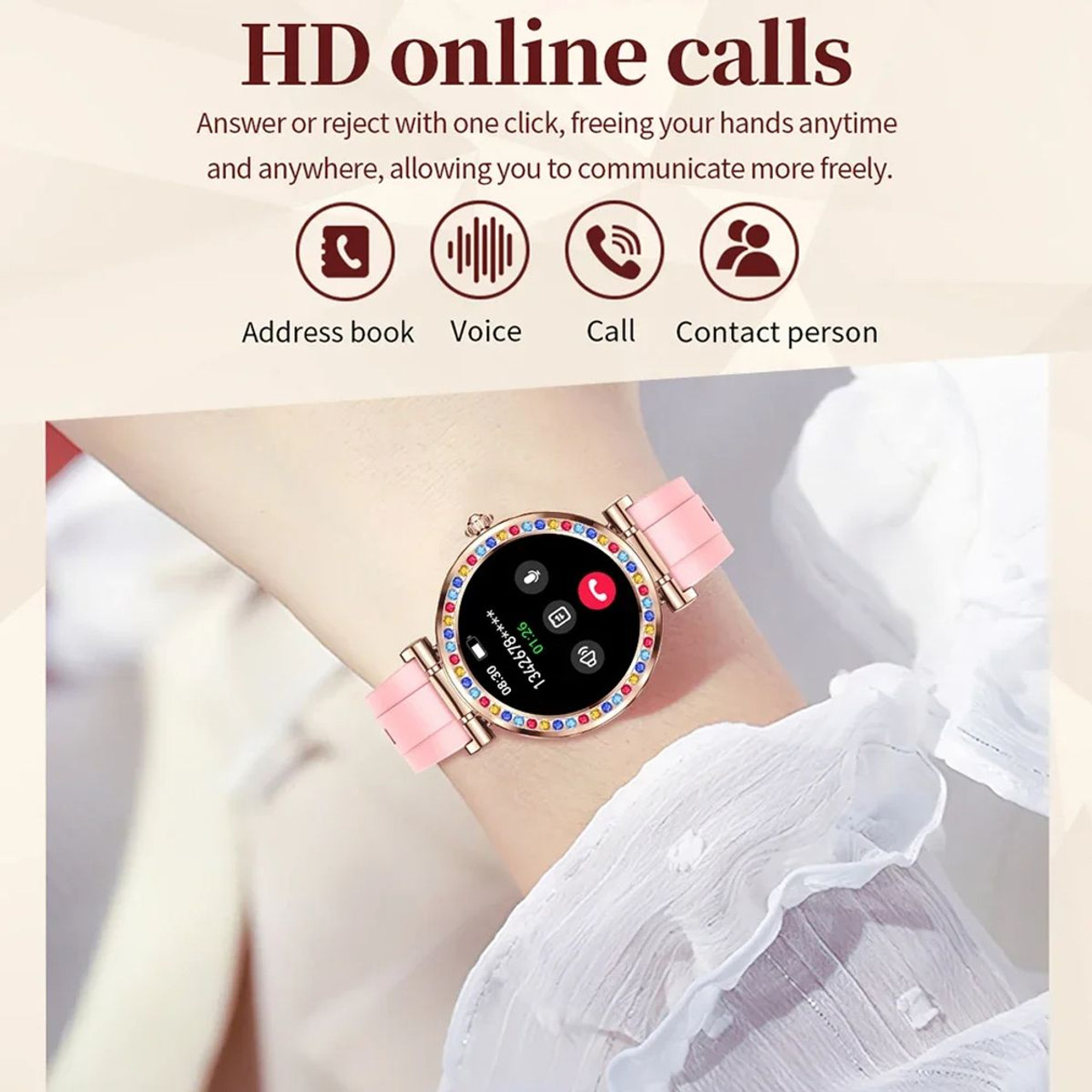 New Ladies Women Diamond  Smart Watch Bluetooth Call 1.27inch 360*360 HD Screen Sports Body Monitor Smartwatch For Android IOS Color Silver product image