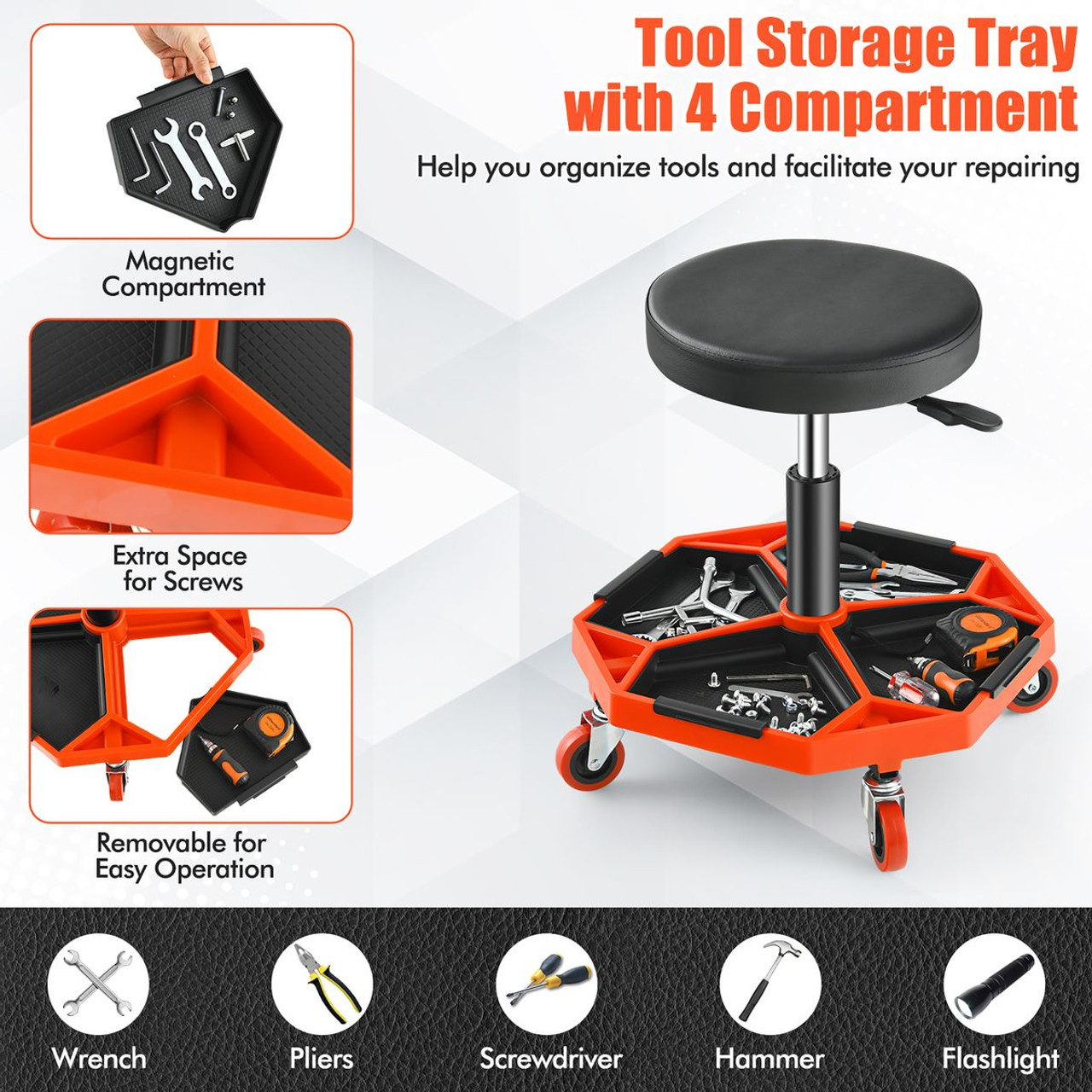 Heavy-Duty Adjustable-Height Rolling Stool with Tool Tray Storage product image