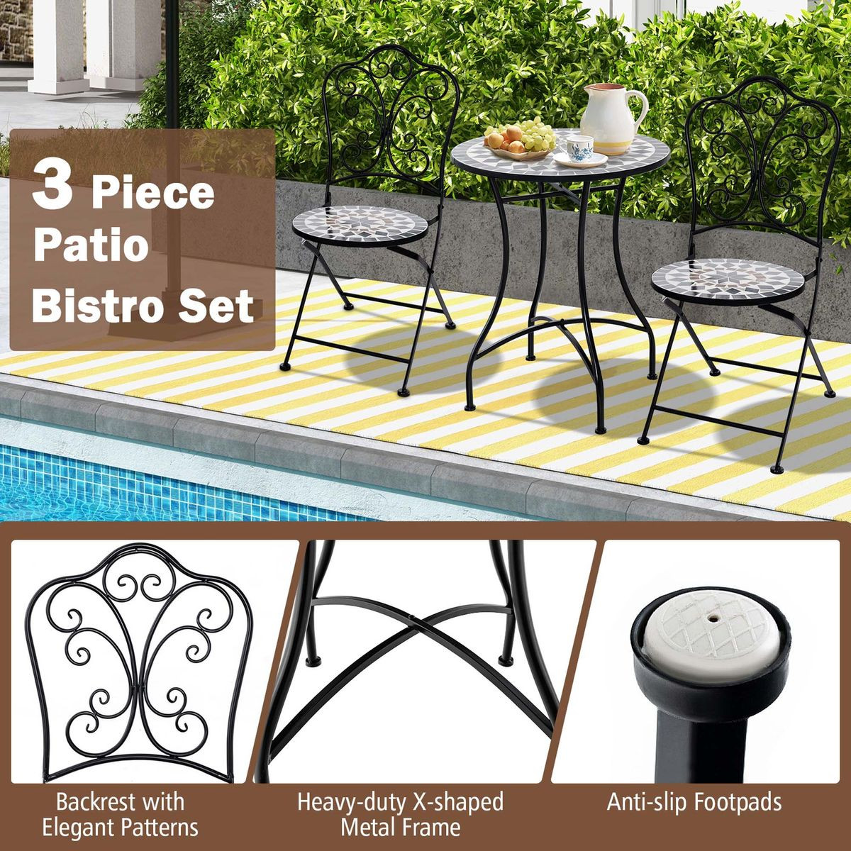 3-Piece Patio Bistro Set with Round Table & 2 Folding Chairs product image