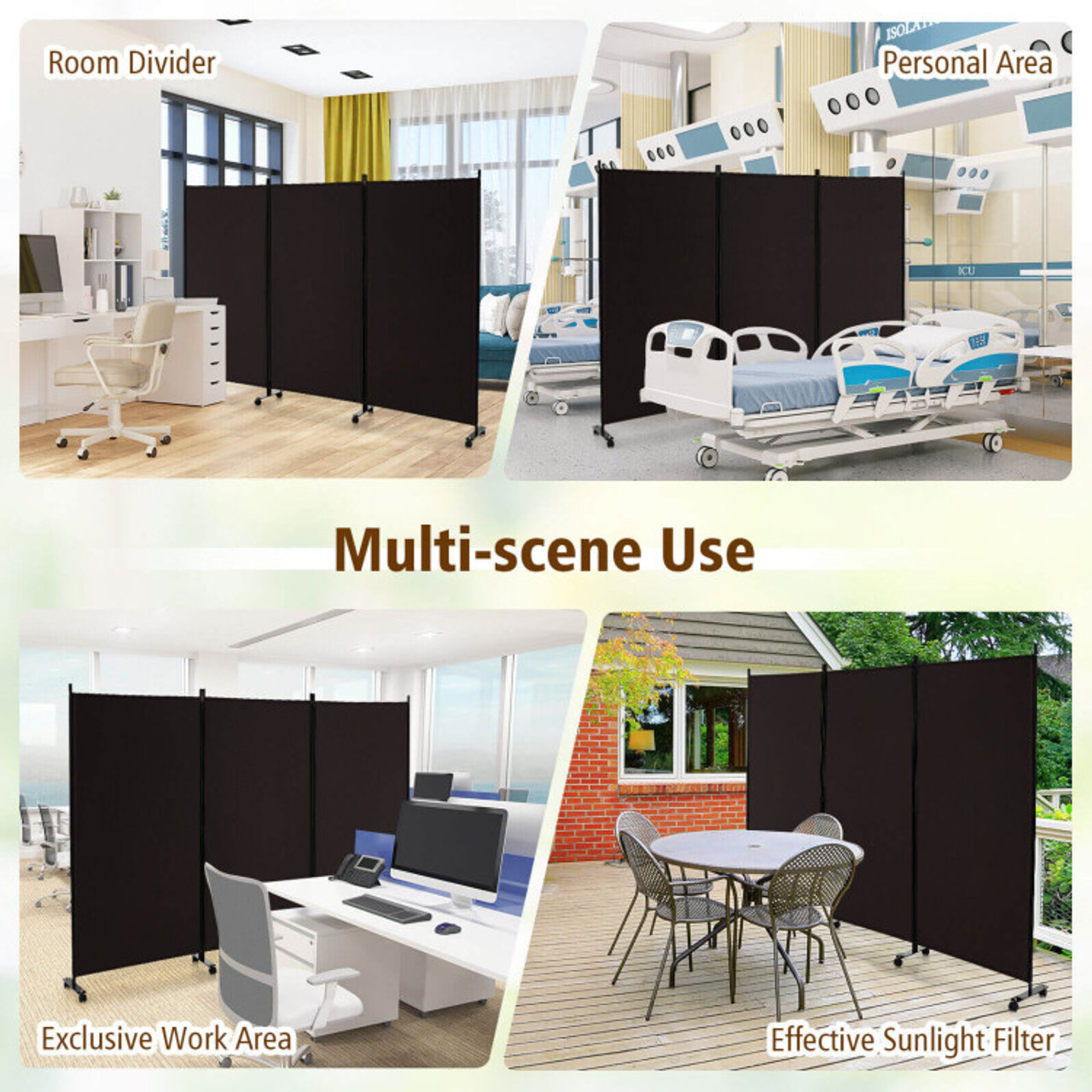3-Panel Folding Room Divider with Lockable Wheels product image
