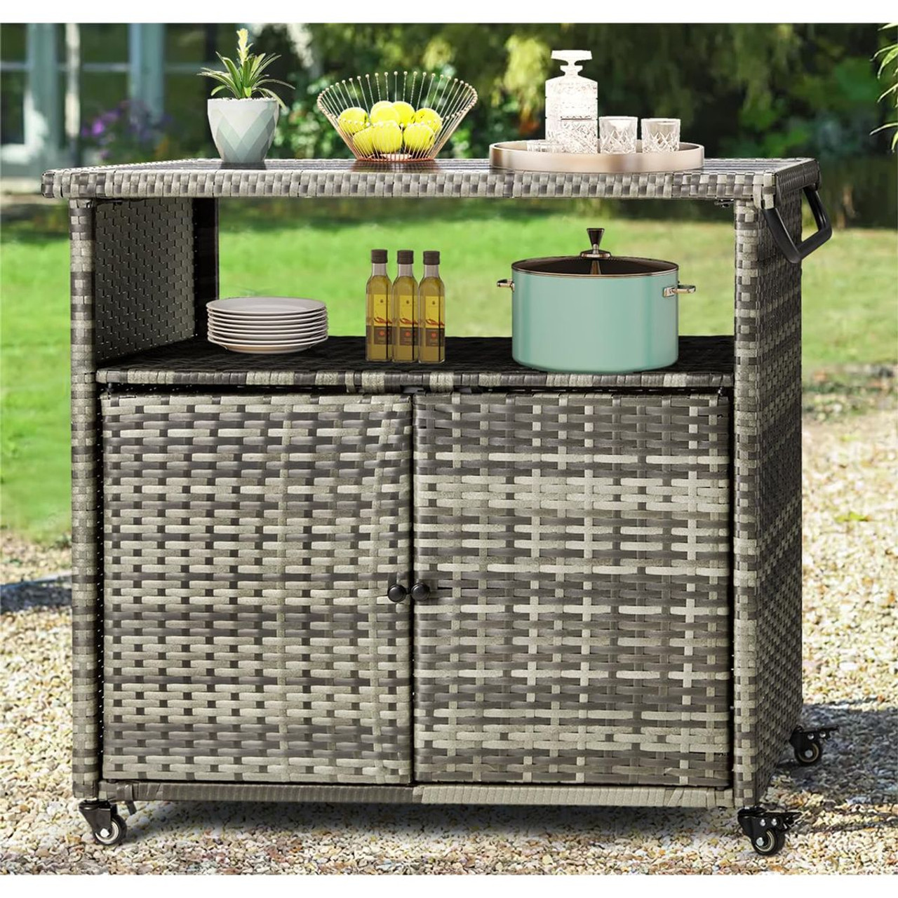 Outdoor Wicker Storage Cabinet Movable Cart  product image