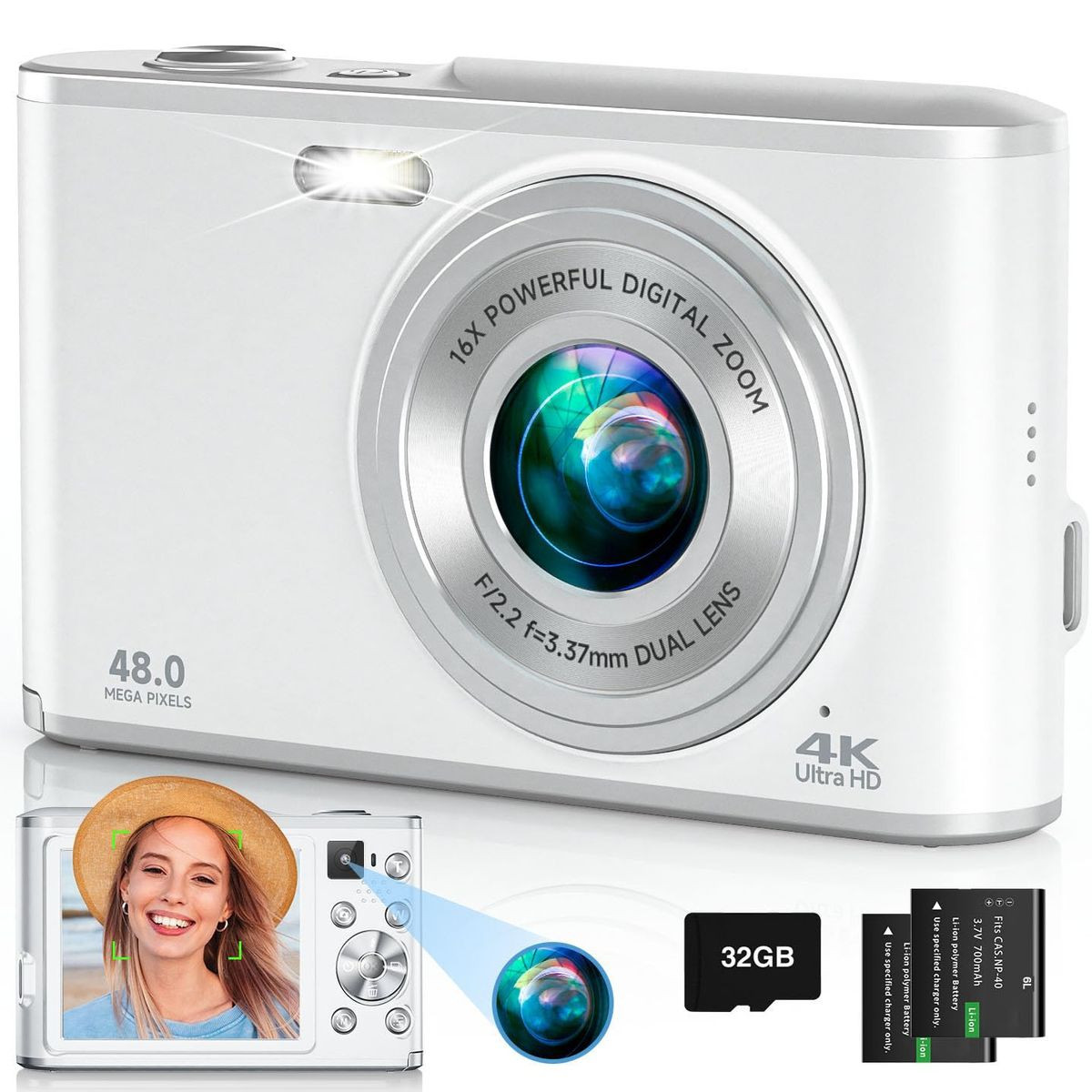 4K Digital Camera, 48MP Autofocus Kids Camera Selfie with Front