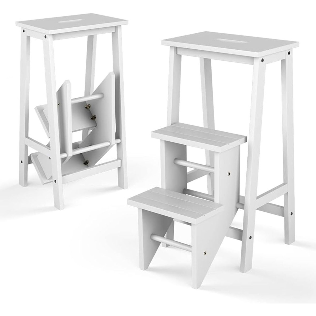 3-in-1 Rubberwood 3-Tier Folding Step Stool Ladder Storage Shelf product image