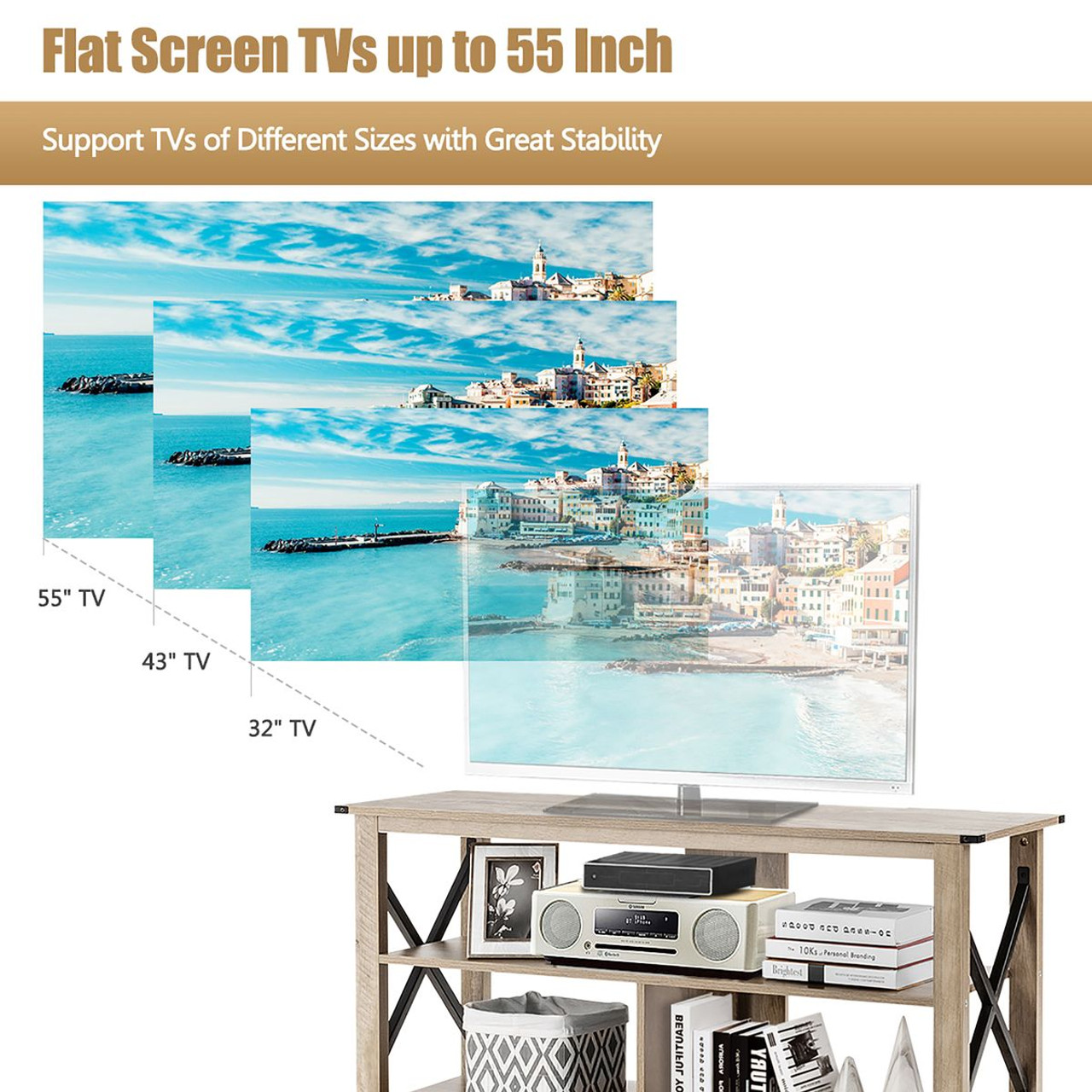 3-Tier Wood TV Stand for 55-Inch TVs with Open Shelves & X-Shaped Frame product image