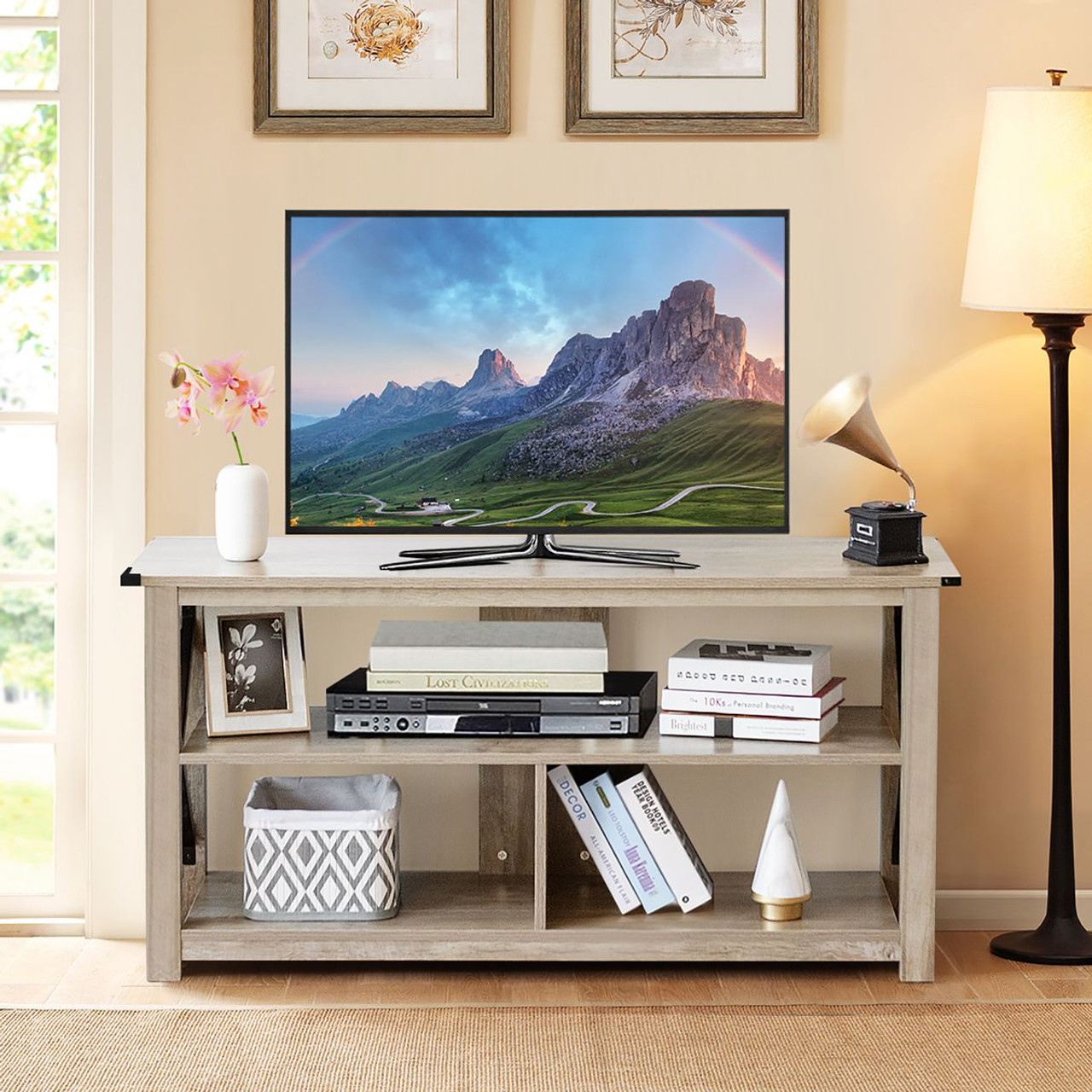 3-Tier Wood TV Stand for 55-Inch TVs with Open Shelves & X-Shaped Frame product image