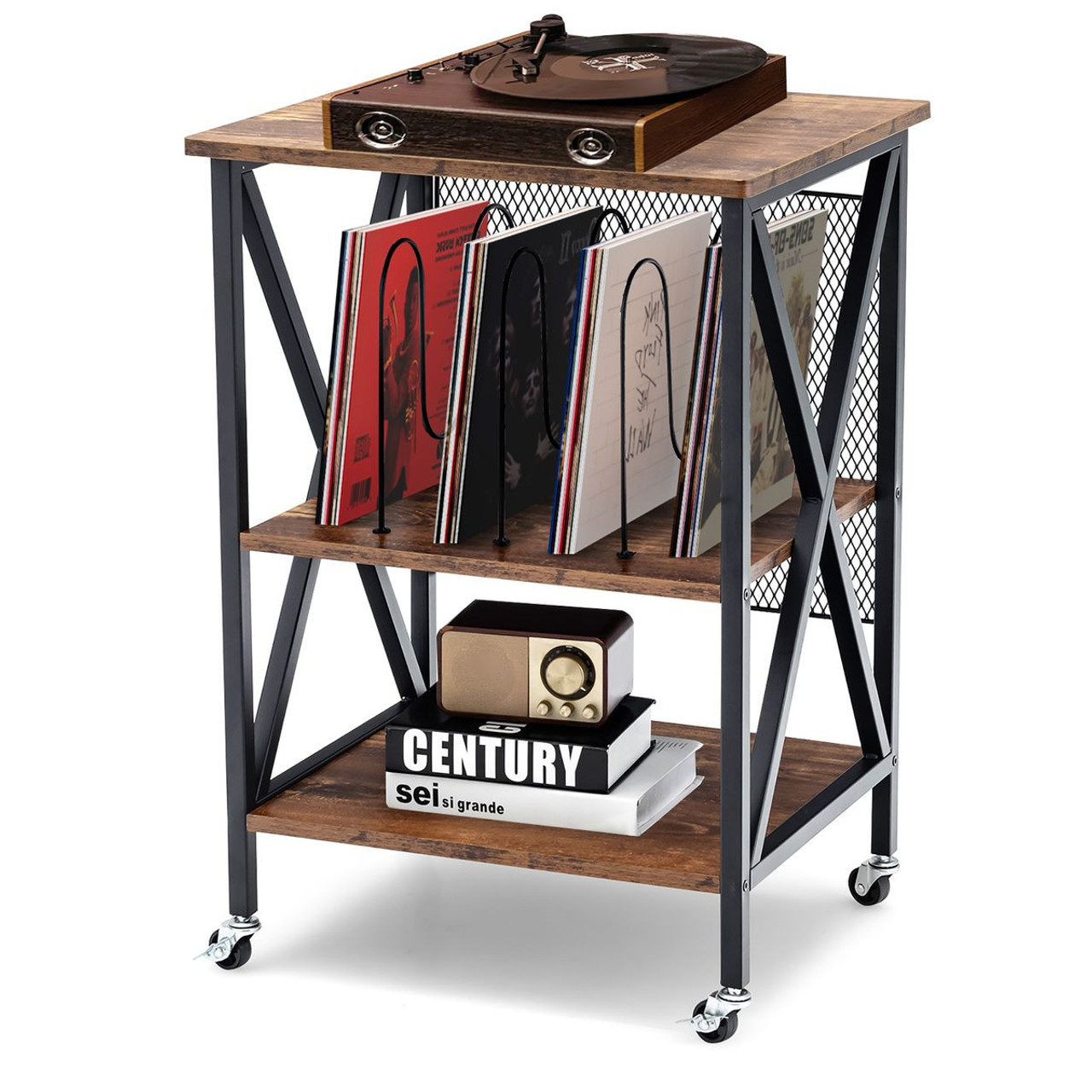 3-Tier Rolling Turntable Stand with Vinyl Record Storage product image