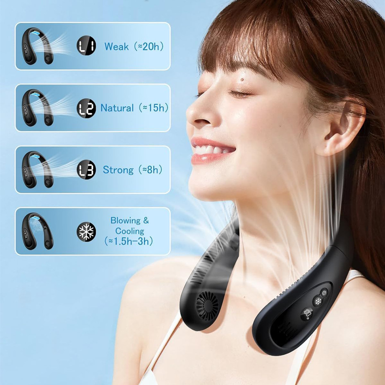 Neck Air Conditioner, 5000mAh Portable Neck Fan with Semiconductor Cooling Airflow Bladeless USB Rechargeable 3 Speed Personal Fan, Black product image