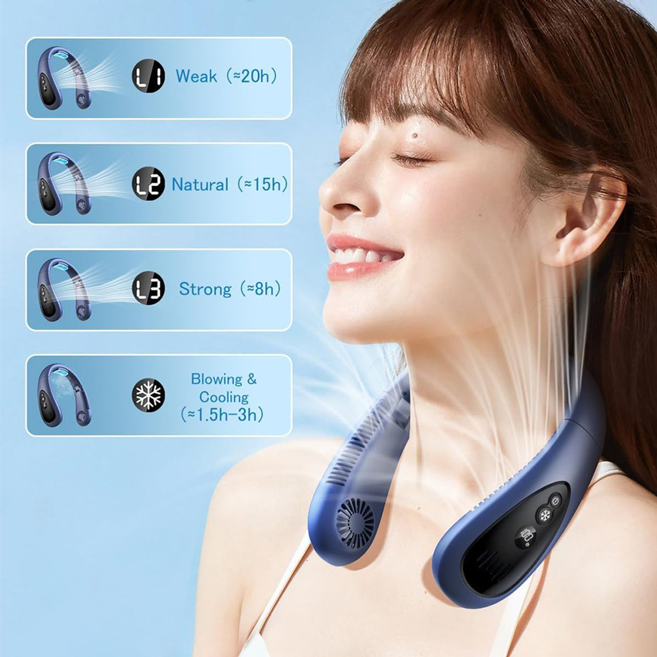 Neck Air Conditioner, 5000mAh Portable Neck Fan with Semiconductor Cooling Airflow Bladeless USB Rechargeable 3 Speed Personal Fan, Blue product image