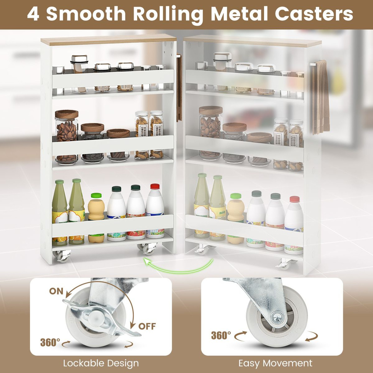 4-Tier Slim Rolling Storage Cart on Wheels with Open Shelves & Handle product image
